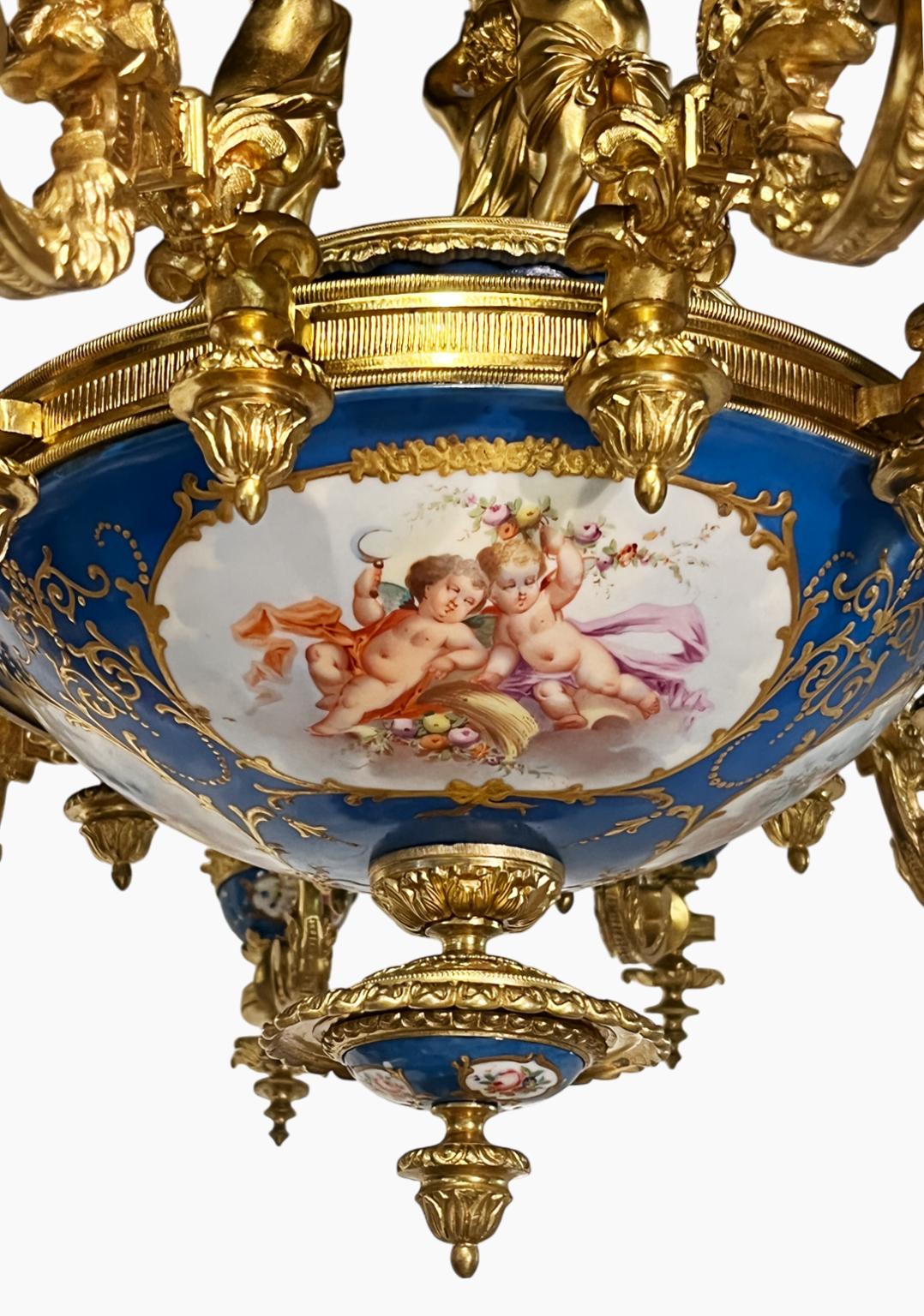 19th Century Ornate Sevres style Porcelain and Ormolu Putti Chandelier For Sale