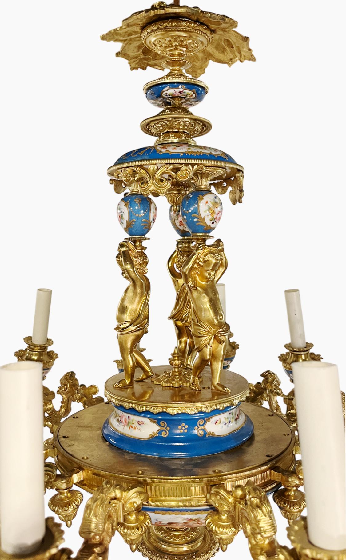 Ornate Sevres style Porcelain and Ormolu Putti Chandelier For Sale 1