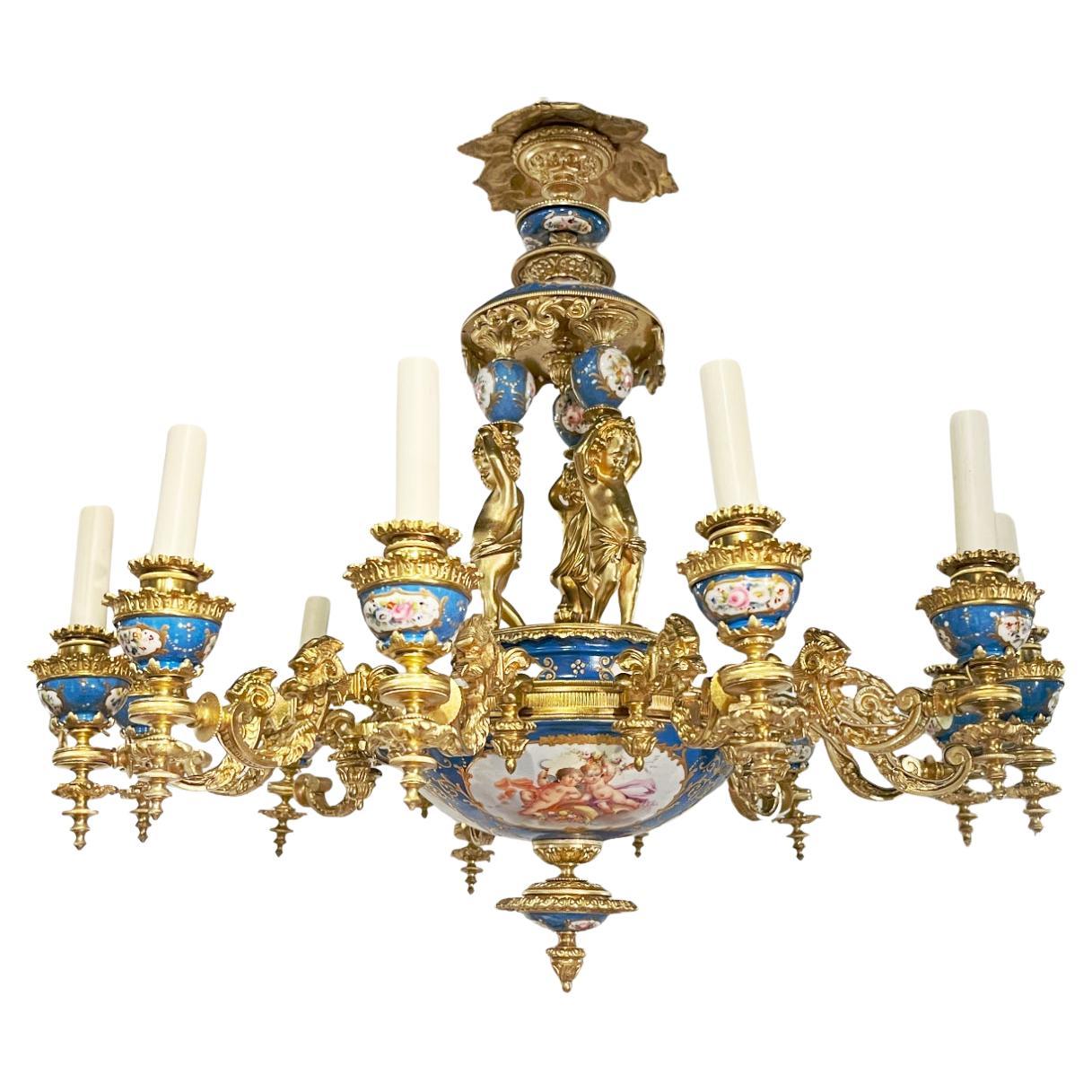 Ornate Sevres style Porcelain and Ormolu Putti Chandelier For Sale