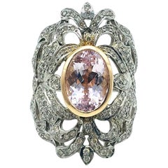 Vintage Ornate, Shield Ring, 9 Carat, Morganite Beryl and Diamonds