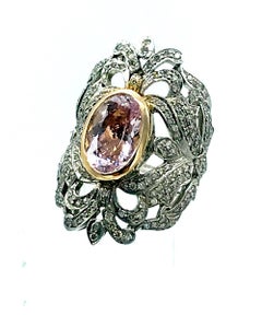 Ornate, Shield Ring, 9 Carat, Morganite Beryl and Diamonds