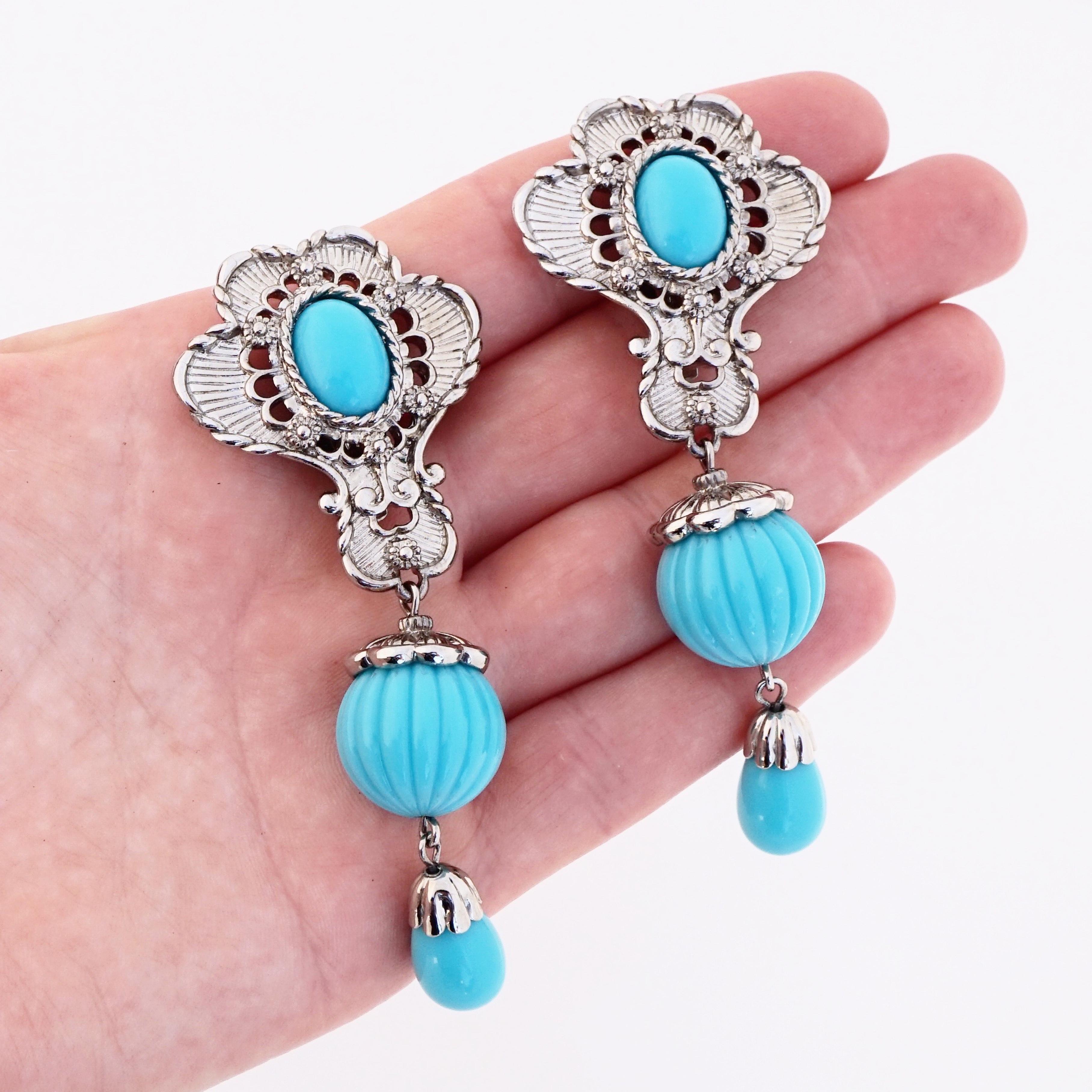 Women's Ornate Silver Drop Earrings With Faux Turquoise By Jose & Maria Barrera, 1980s For Sale