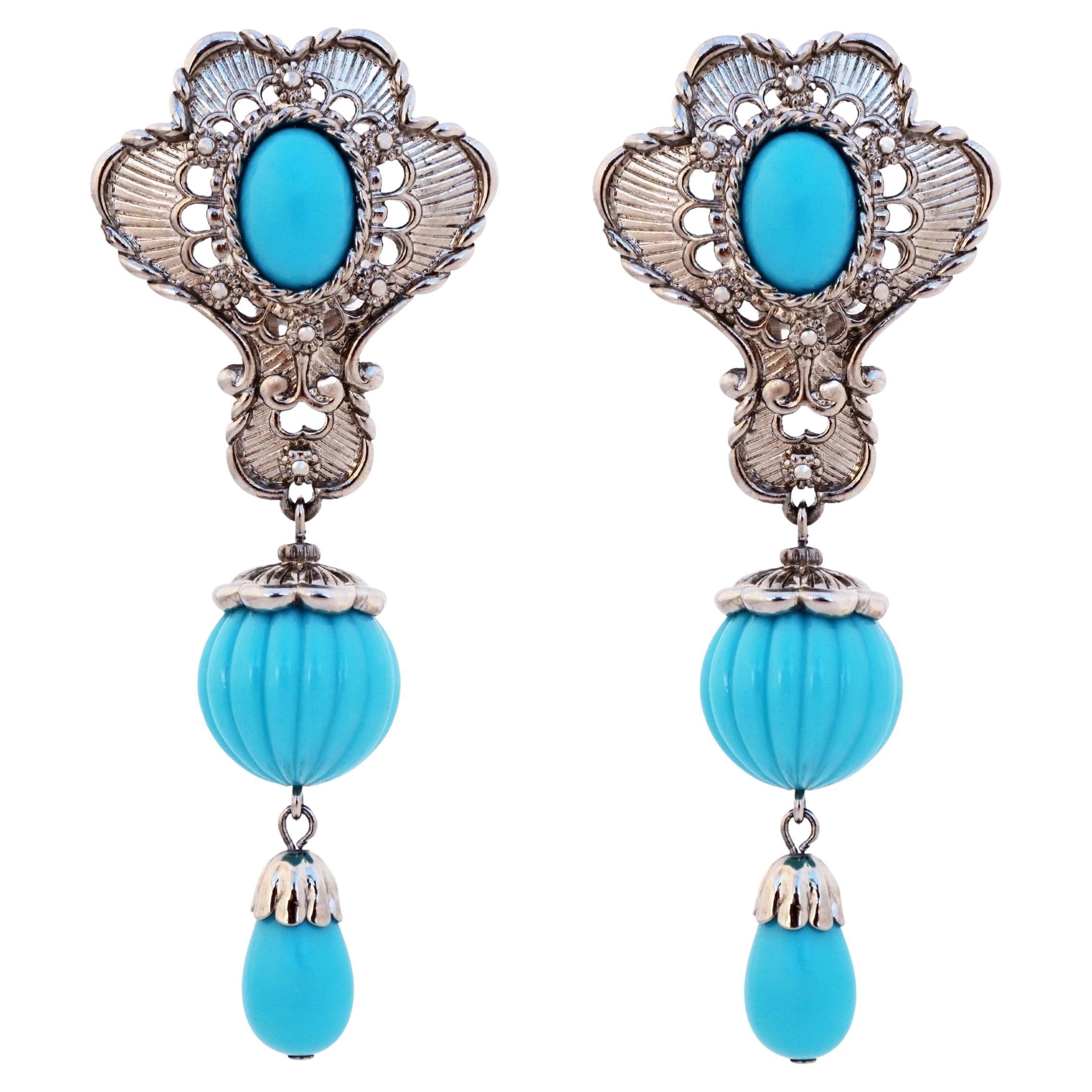 Ornate Silver Drop Earrings With Faux Turquoise By Jose & Maria Barrera, 1980s For Sale