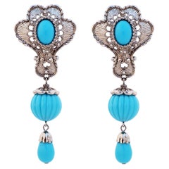 Ornate Silver Drop Earrings With Faux Turquoise By Jose & Maria Barrera, 1980s