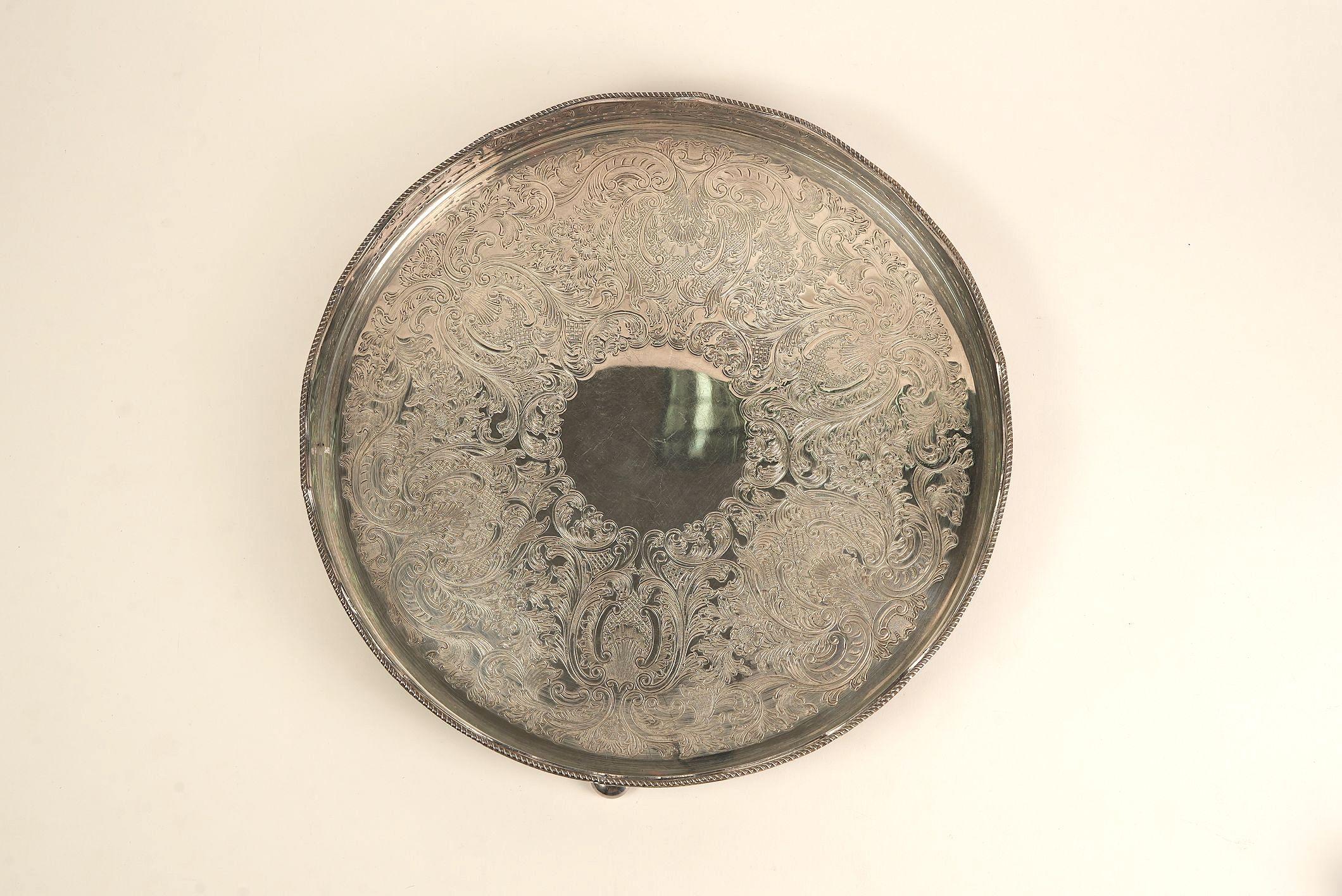 Victorian Ornate Silver-Plated Engraved Serving Tray For Sale