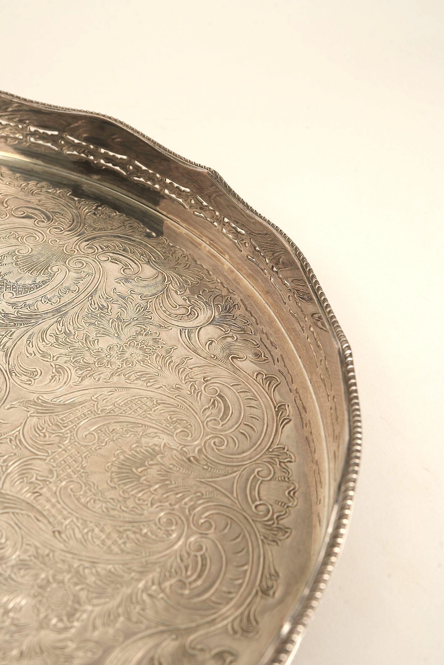 British Ornate Silver-Plated Engraved Serving Tray For Sale