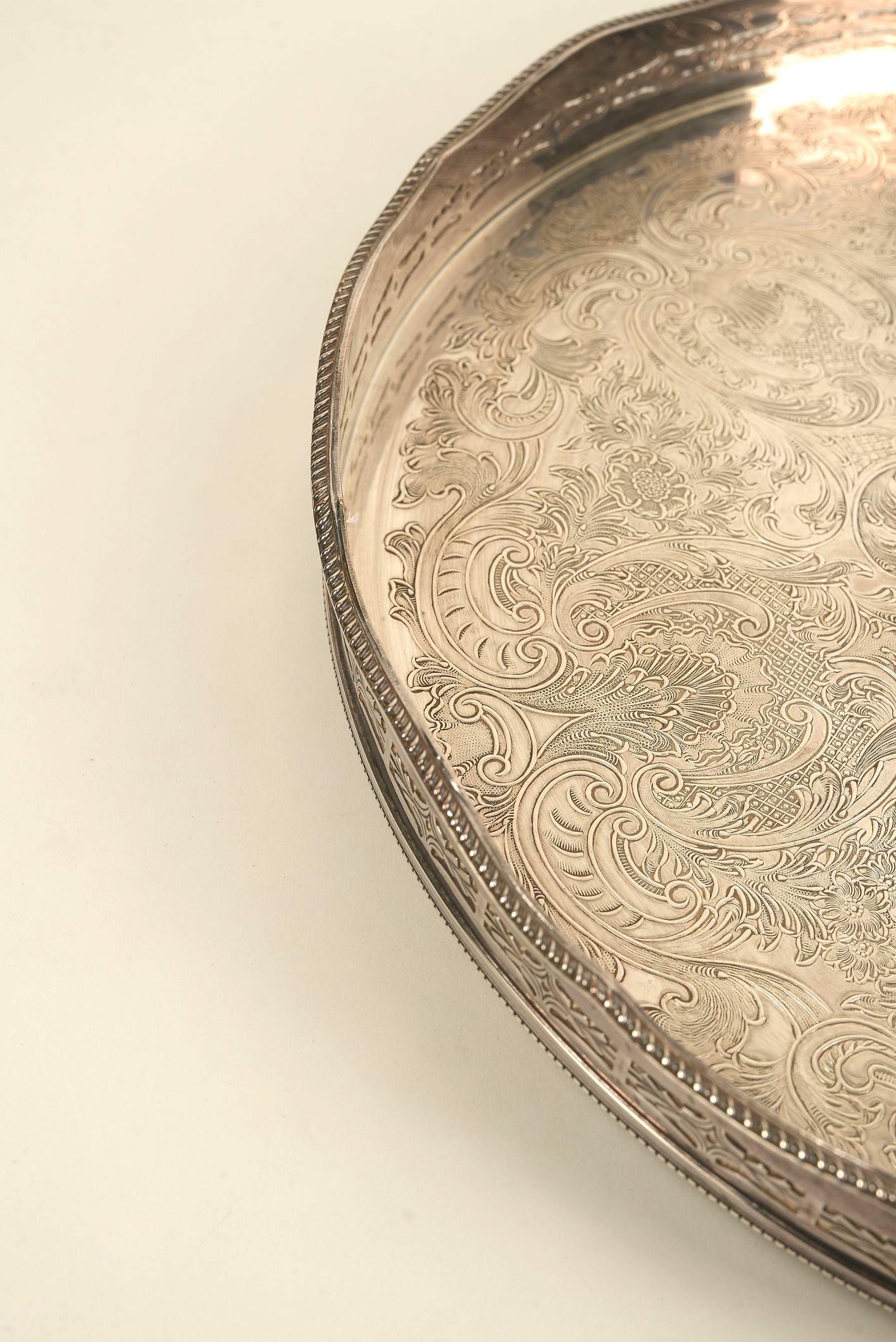 Mid-20th Century Ornate Silver-Plated Engraved Serving Tray For Sale