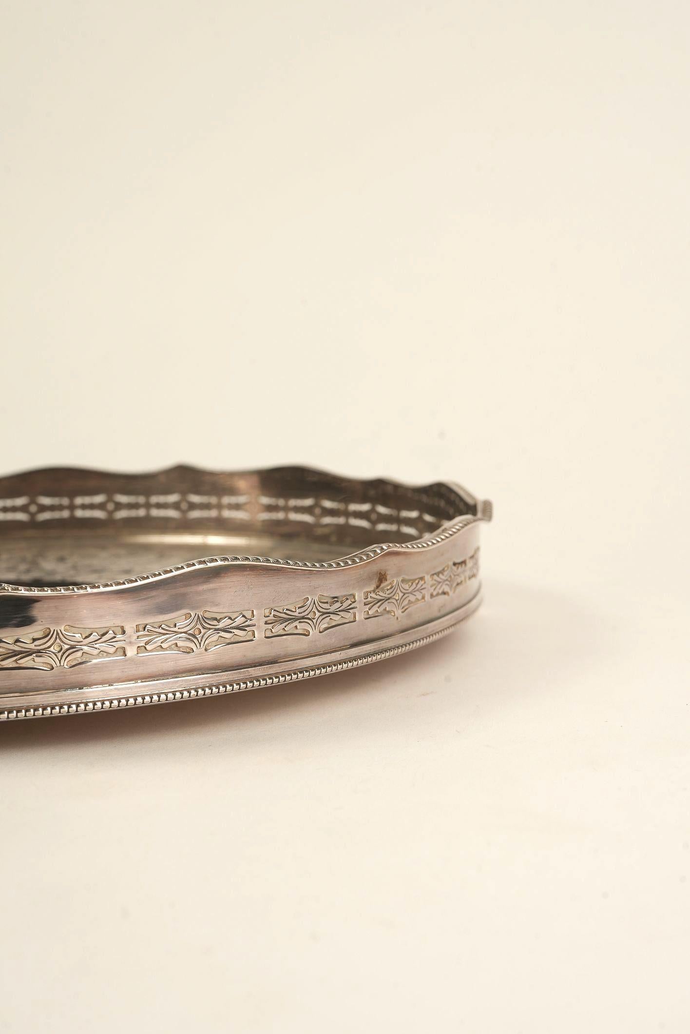 Ornate Silver-Plated Engraved Serving Tray For Sale 1