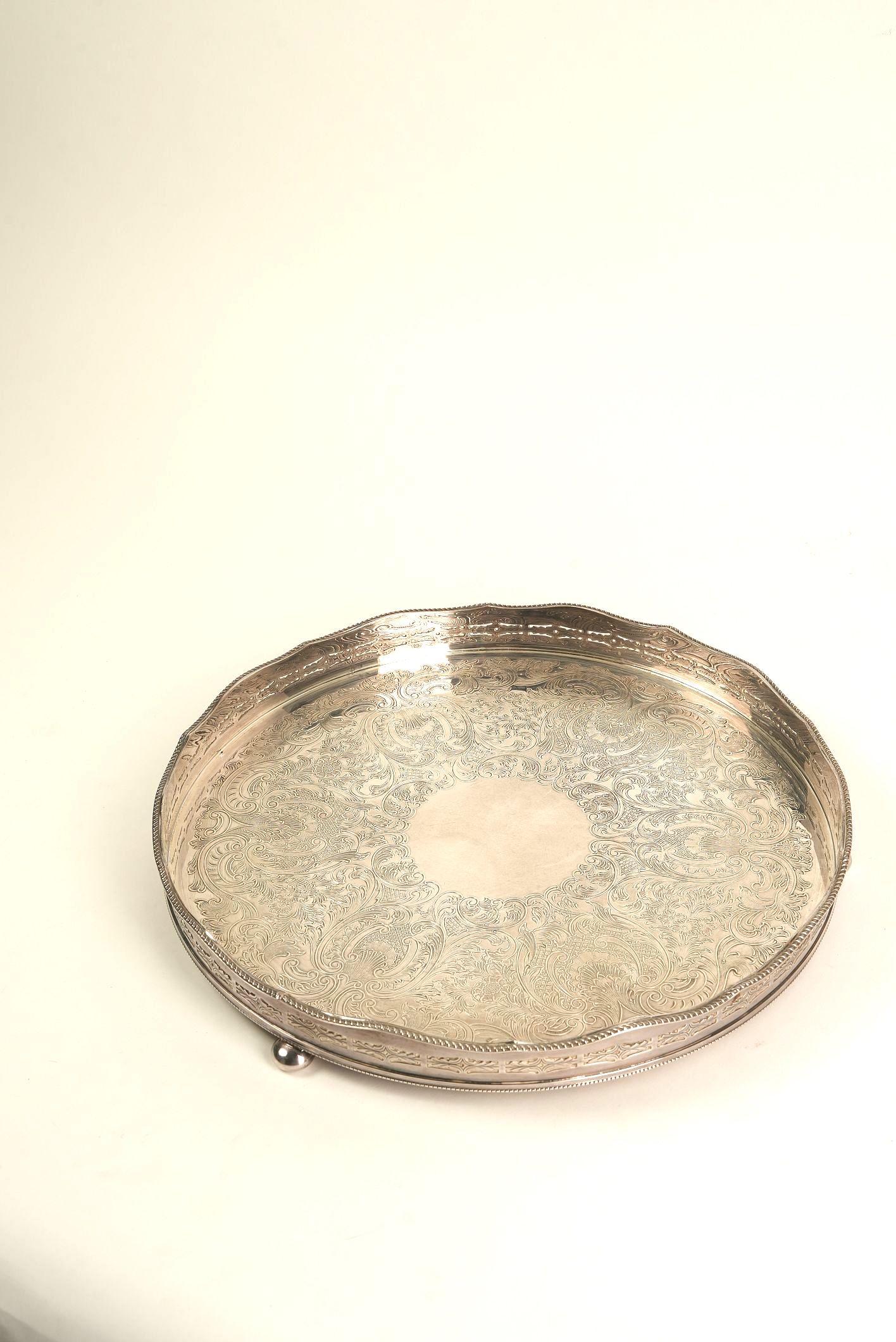 Ornate Silver-Plated Engraved Serving Tray For Sale 2
