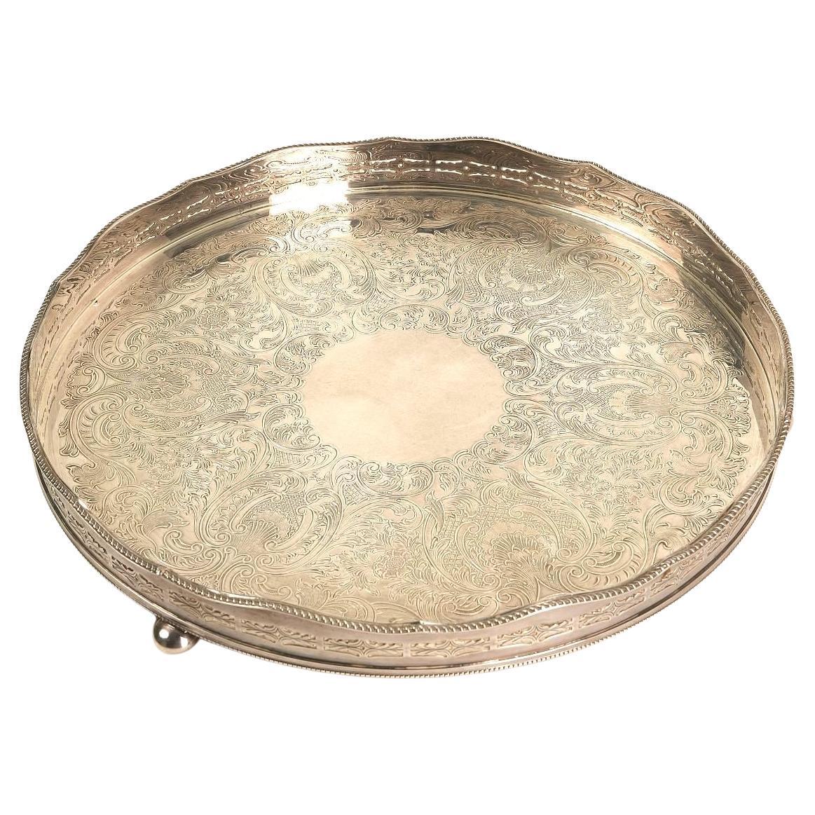 Ornate Silver-Plated Engraved Serving Tray For Sale
