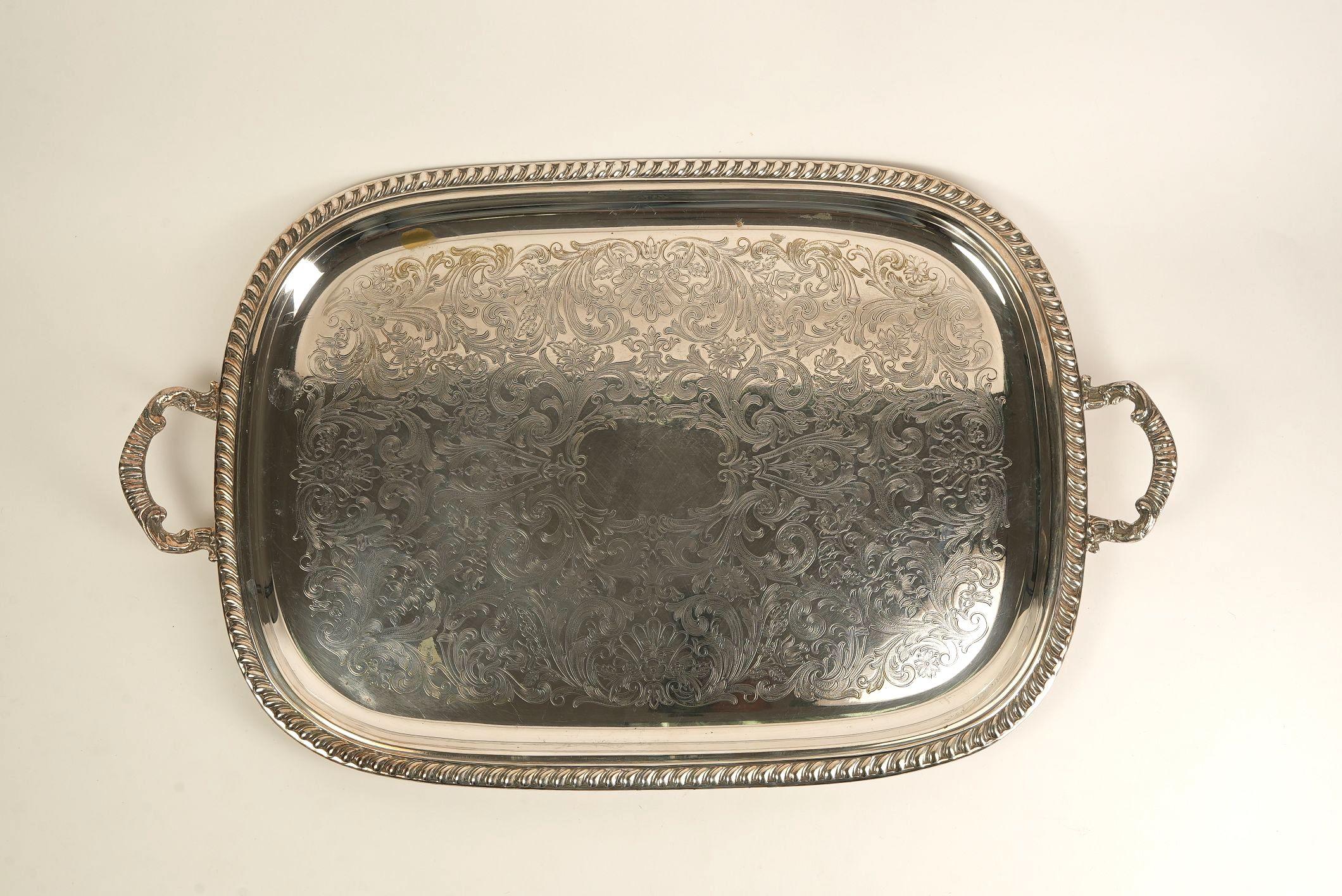 Ornate Silver-Plated Engraved Serving Tray with Handles For Sale 3