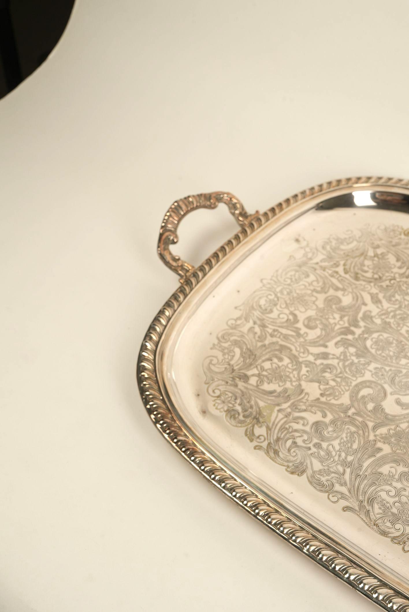 Victorian Ornate Silver-Plated Engraved Serving Tray with Handles For Sale