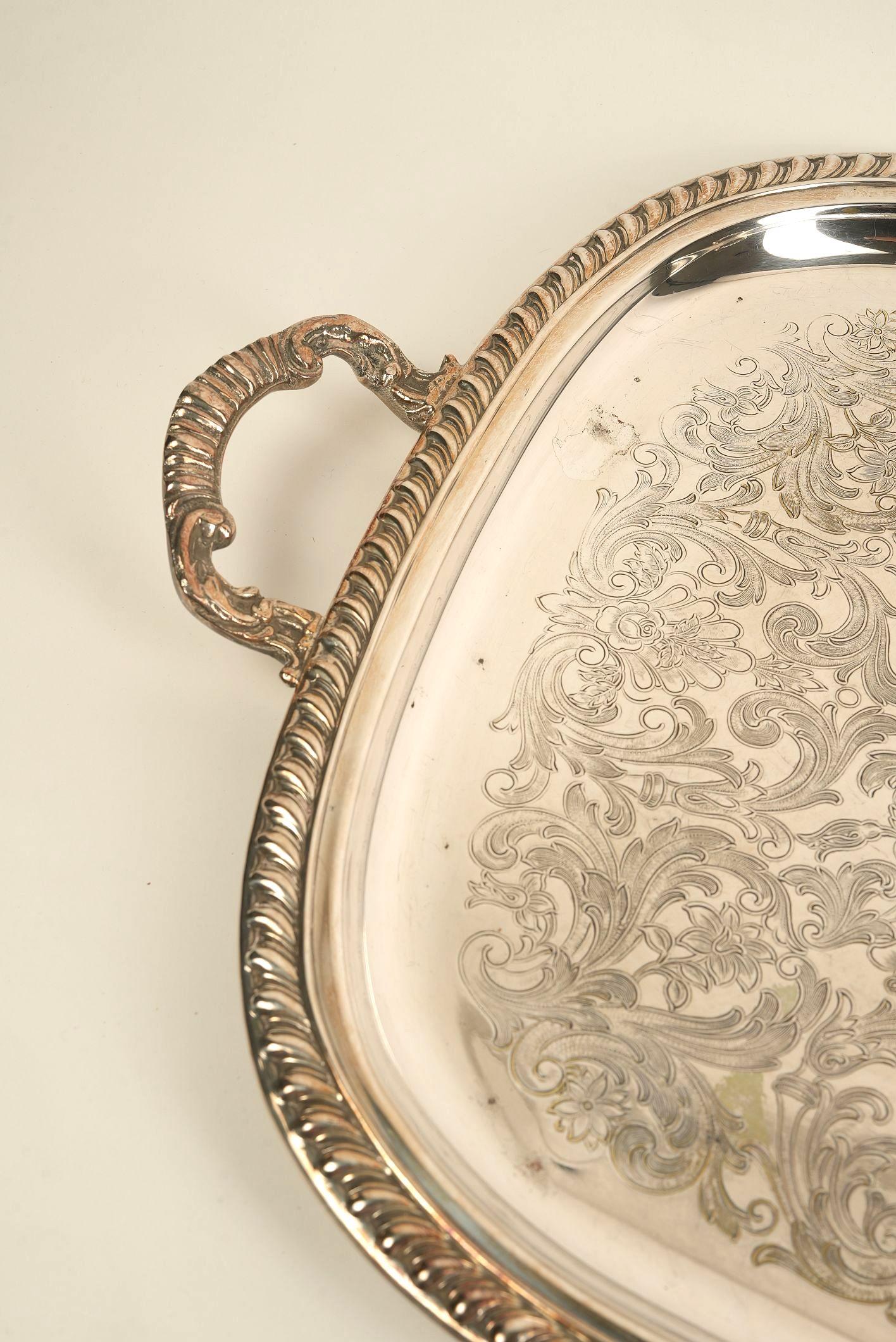 British Ornate Silver-Plated Engraved Serving Tray with Handles For Sale