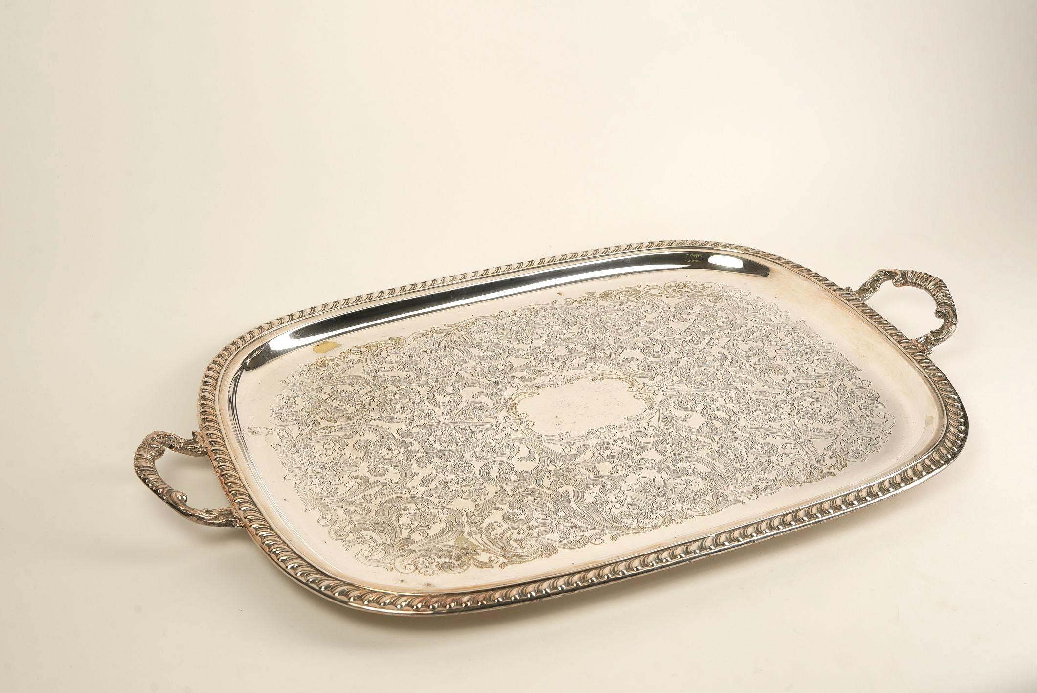 Ornate Silver-Plated Engraved Serving Tray with Handles In Good Condition For Sale In Worcester Park, GB