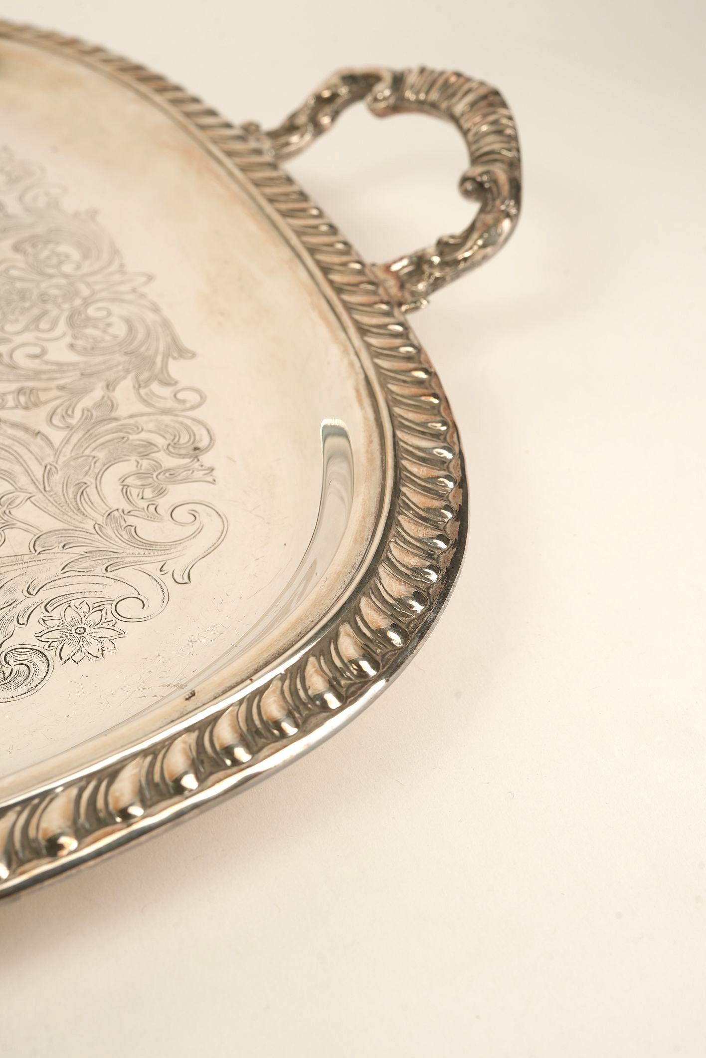 Mid-20th Century Ornate Silver-Plated Engraved Serving Tray with Handles For Sale