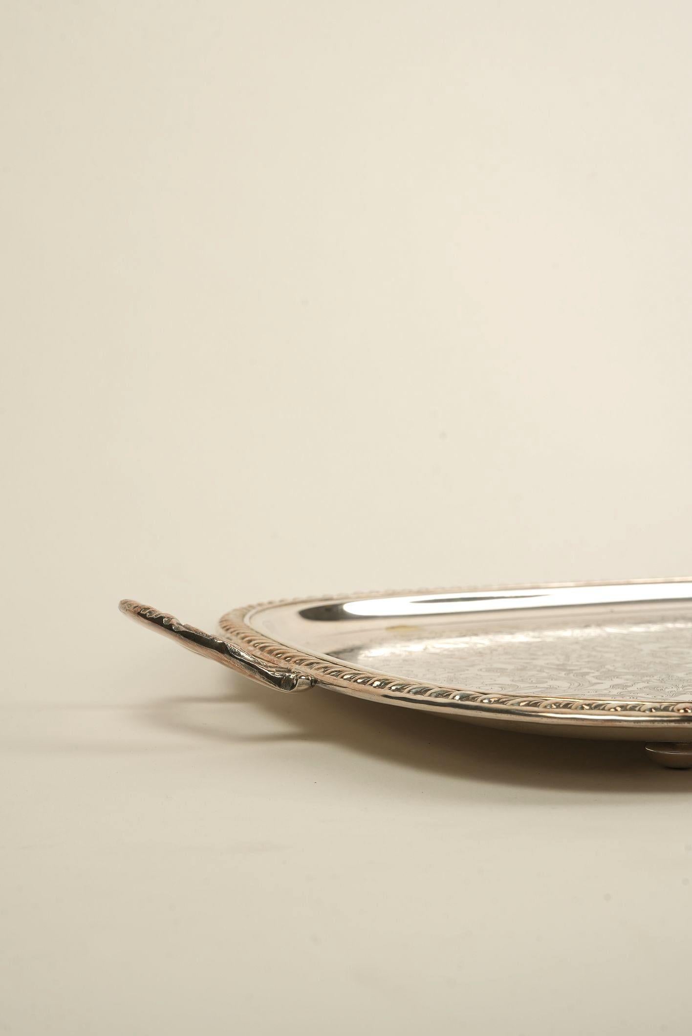 Silver Plate Ornate Silver-Plated Engraved Serving Tray with Handles For Sale