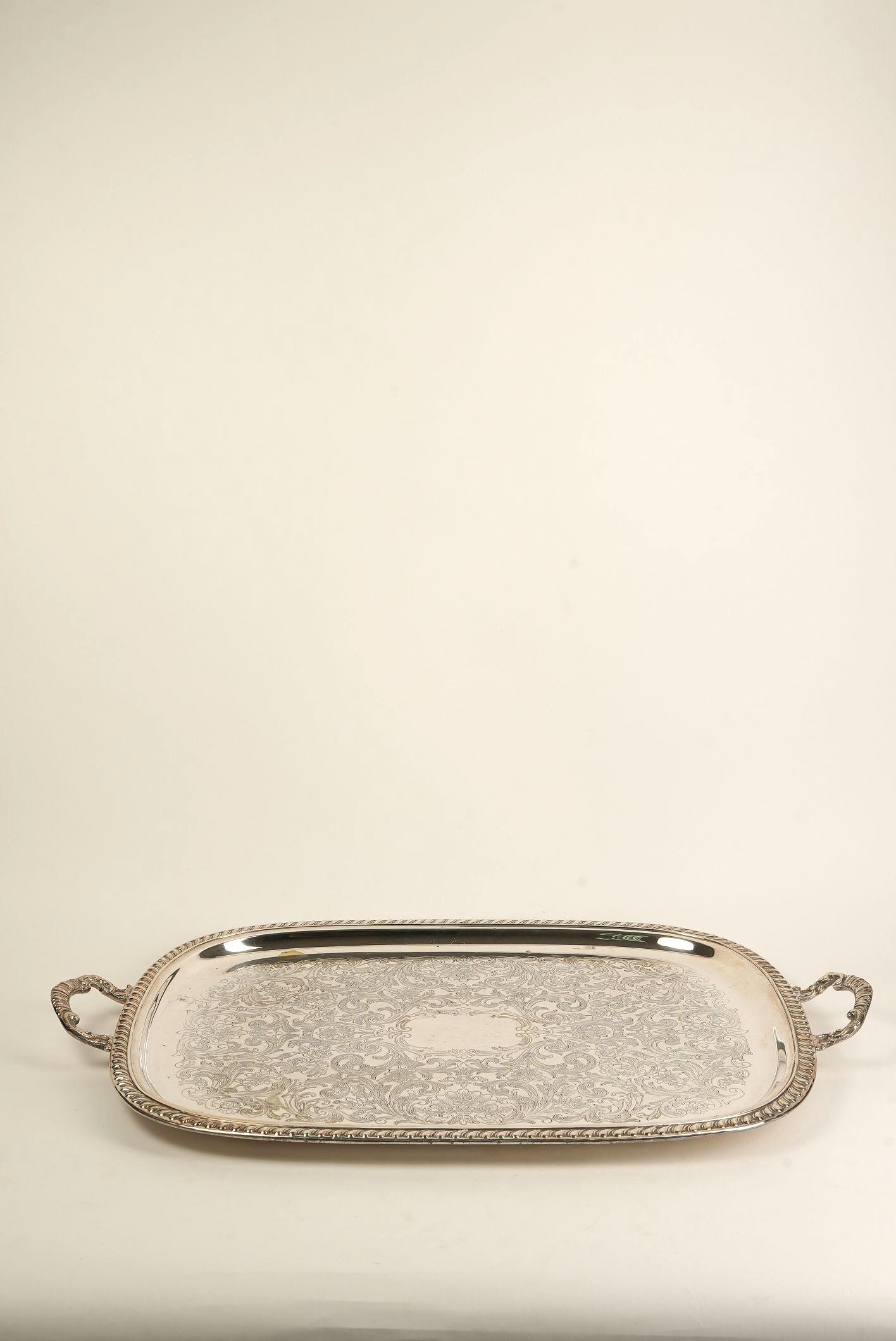 Ornate Silver-Plated Engraved Serving Tray with Handles For Sale 1