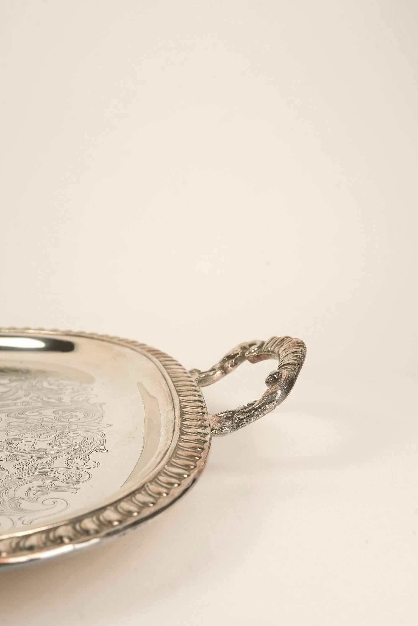 Ornate Silver-Plated Engraved Serving Tray with Handles For Sale 2