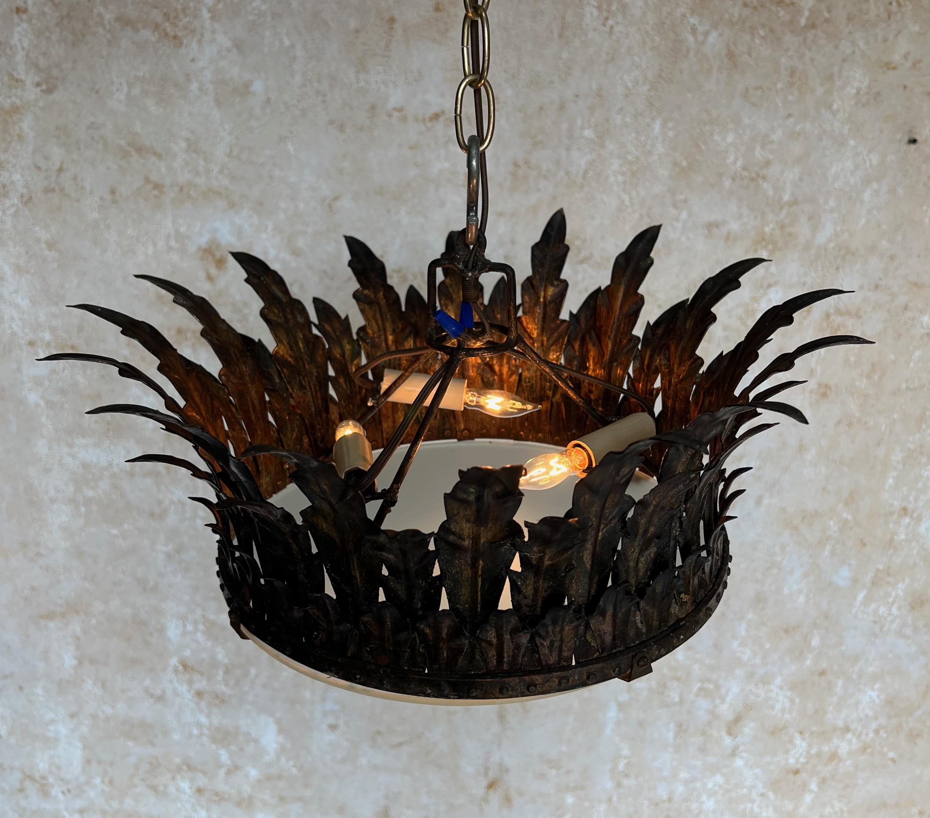Art Nouveau Ornate Spanish 1950's Gilt Metal Crown Ceiling Fixture