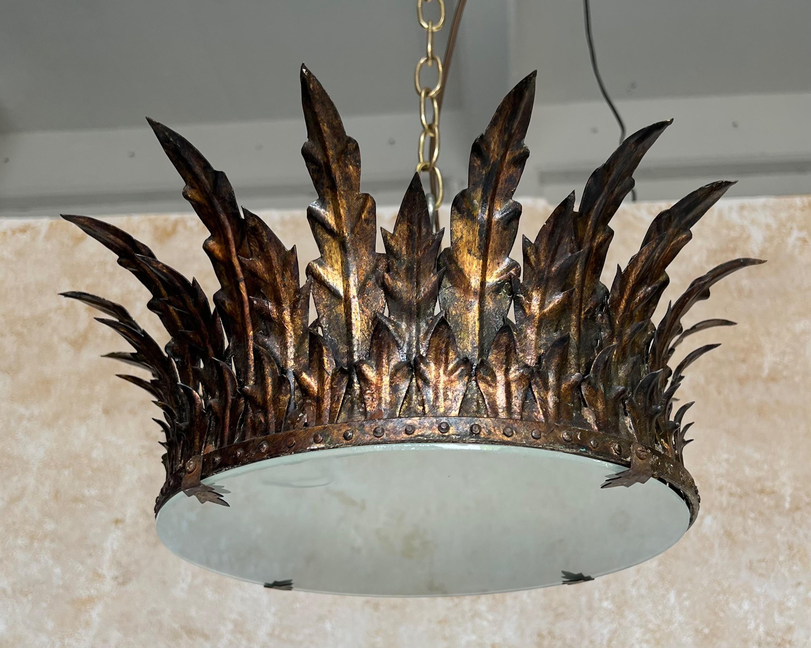 Ornate Spanish 1950's Gilt Metal Crown Ceiling Fixture In Good Condition In Buchanan, NY