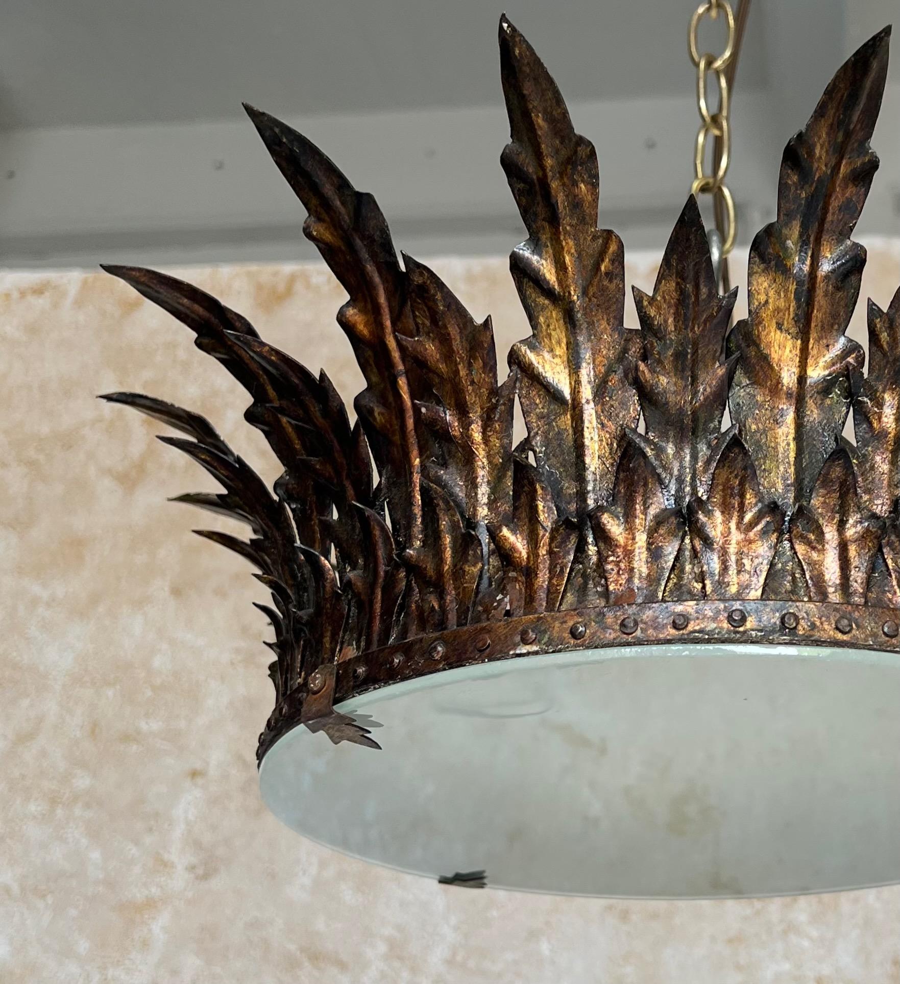 Ornate Spanish 1950's Gilt Metal Crown Ceiling Fixture 1