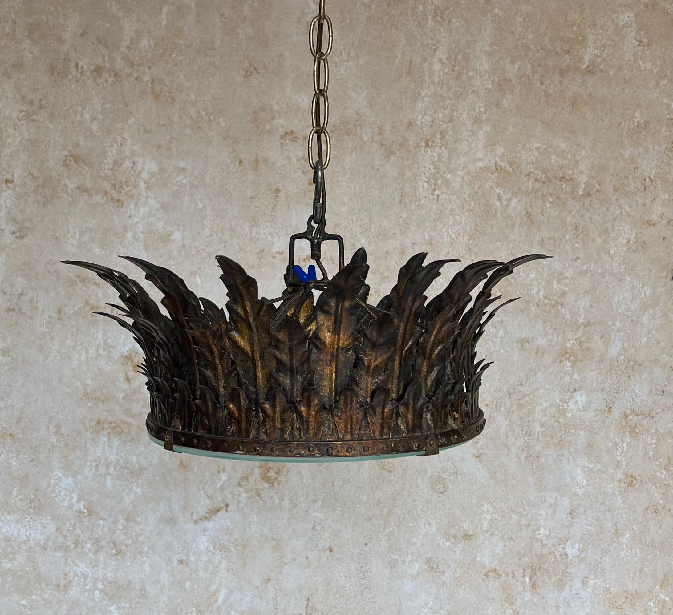 Ornate Spanish 1950's Gilt Metal Crown Ceiling Fixture 2
