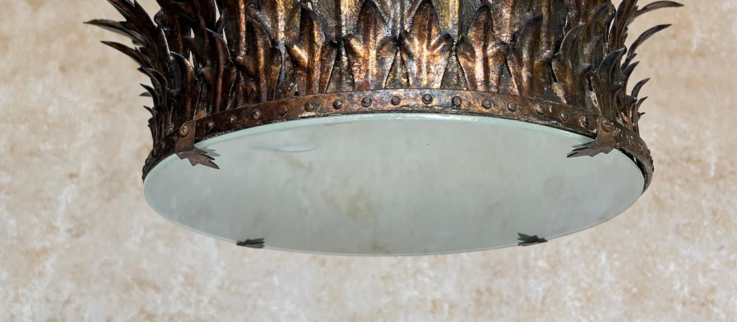 Ornate Spanish 1950's Gilt Metal Crown Ceiling Fixture 3