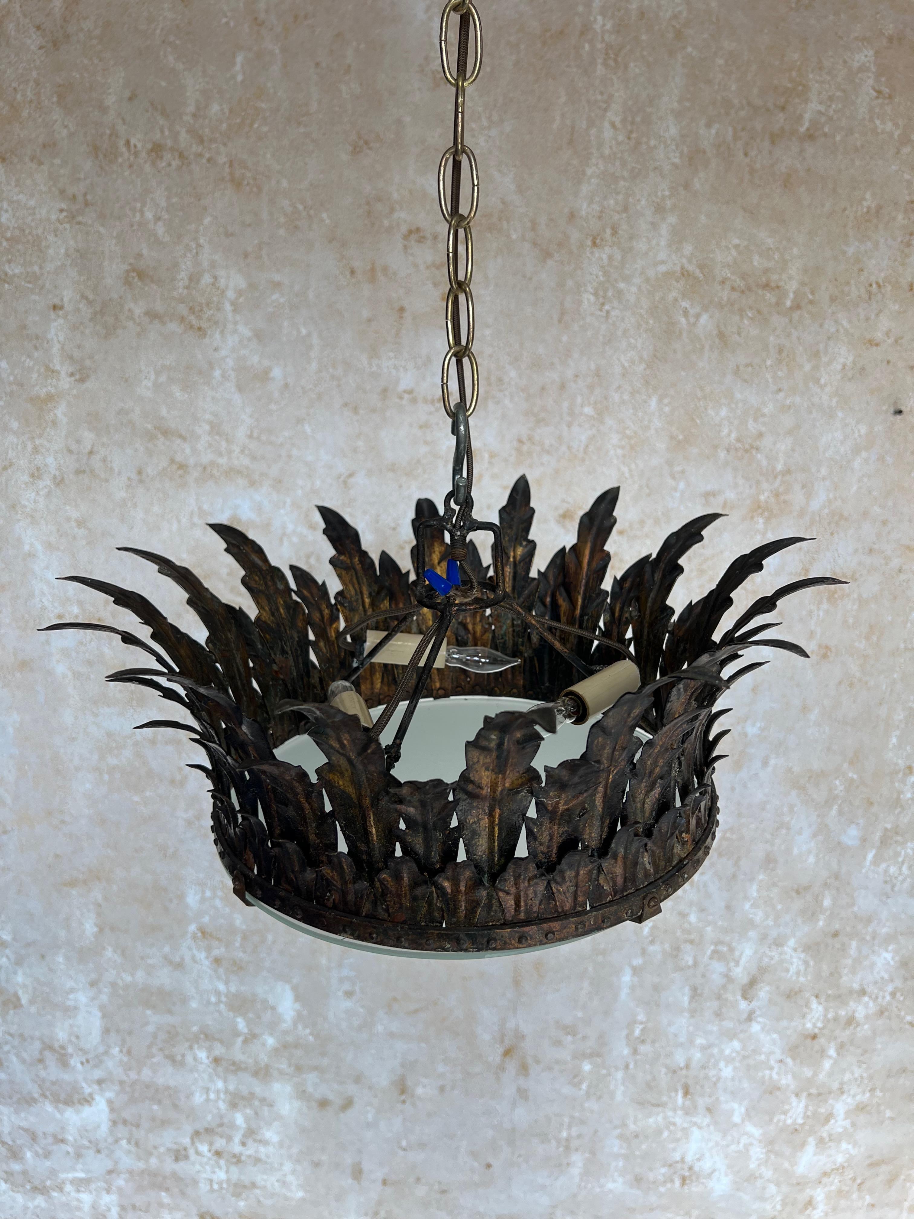 Ornate Spanish 1950's Gilt Metal Crown Ceiling Fixture 4