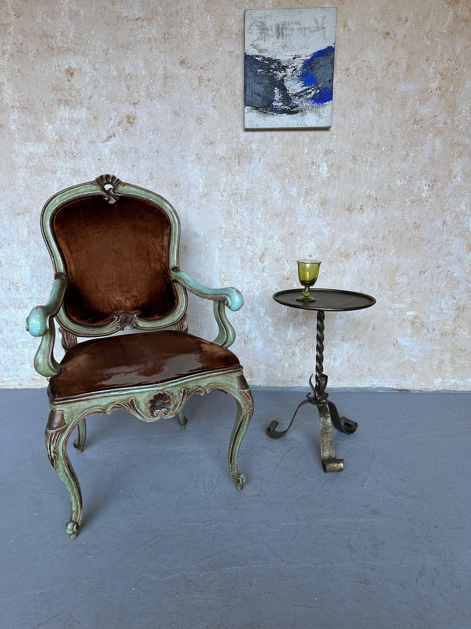 Art Nouveau Ornate Spanish Iron Drinks Table with a Twisted Stem For Sale