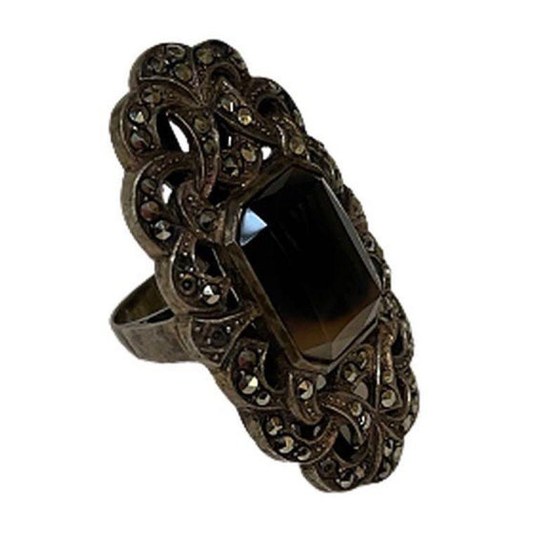 Early 20th Century Ornate Sterling Silver and Marcasite Ring For Sale