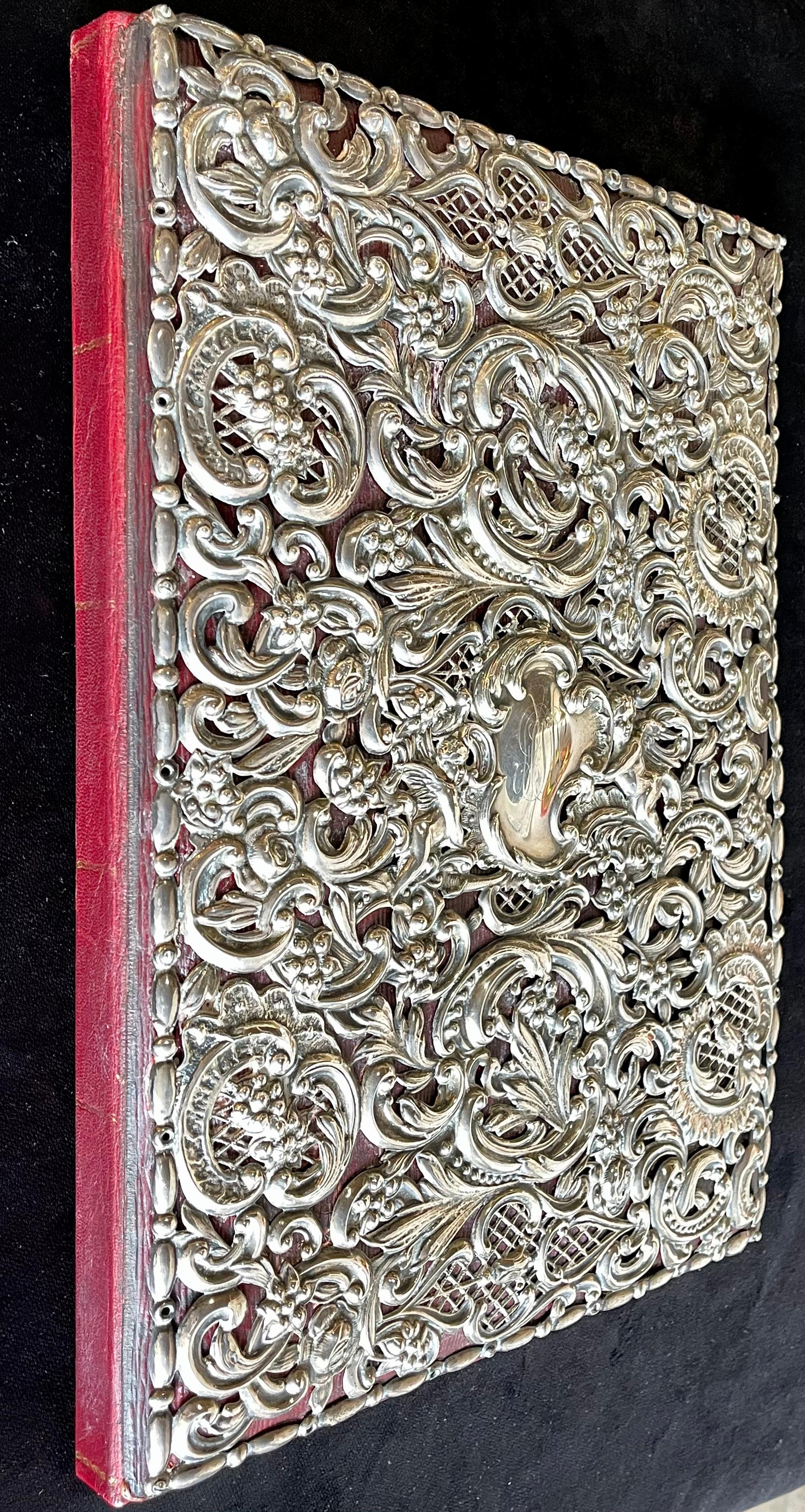 Ornate Sterling Silver Book Cover Photo Scrap Album w Red Leather Interior 5