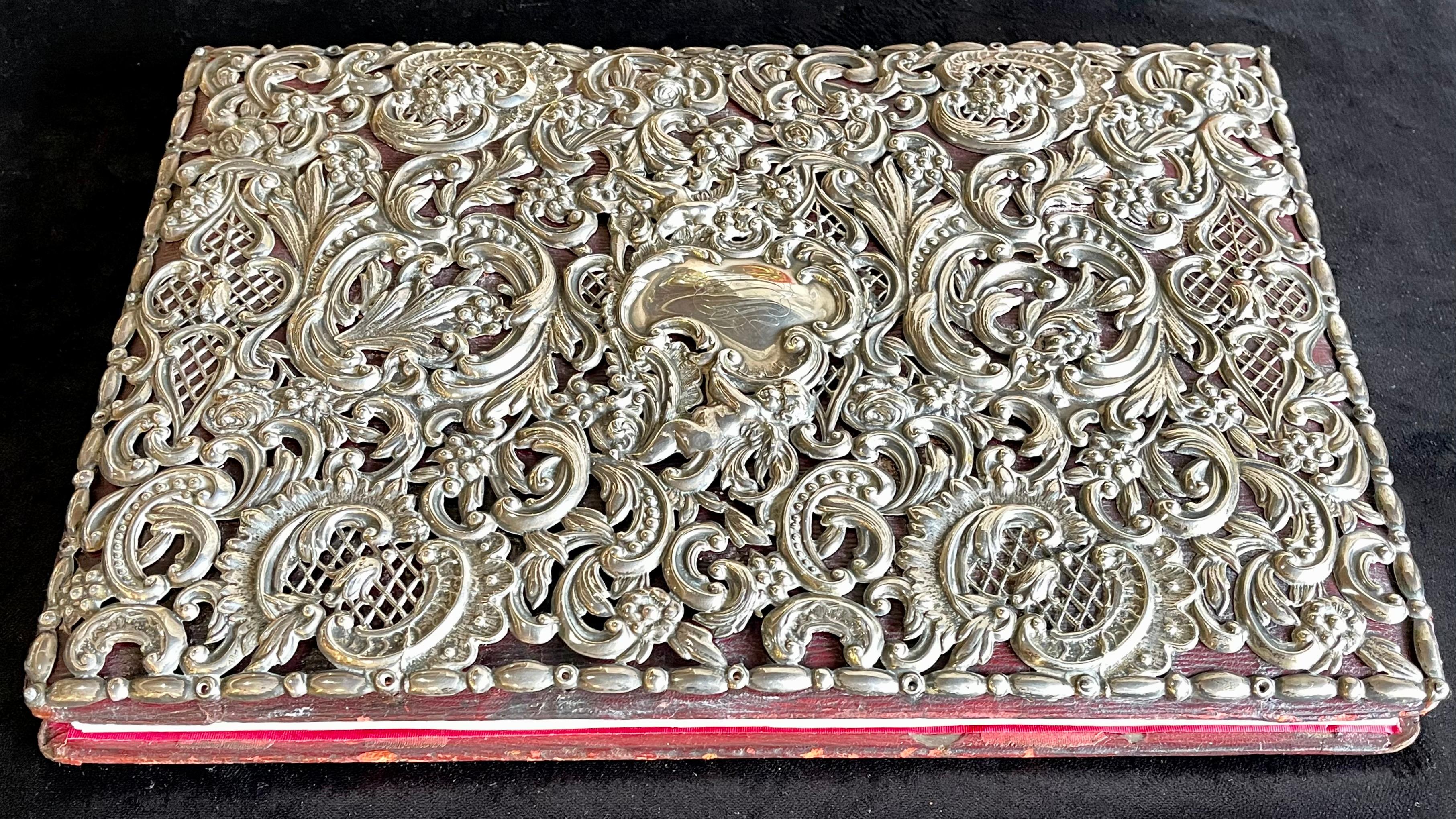 Ornate Sterling Silver Book Cover Photo Scrap Album w Red Leather Interior 6