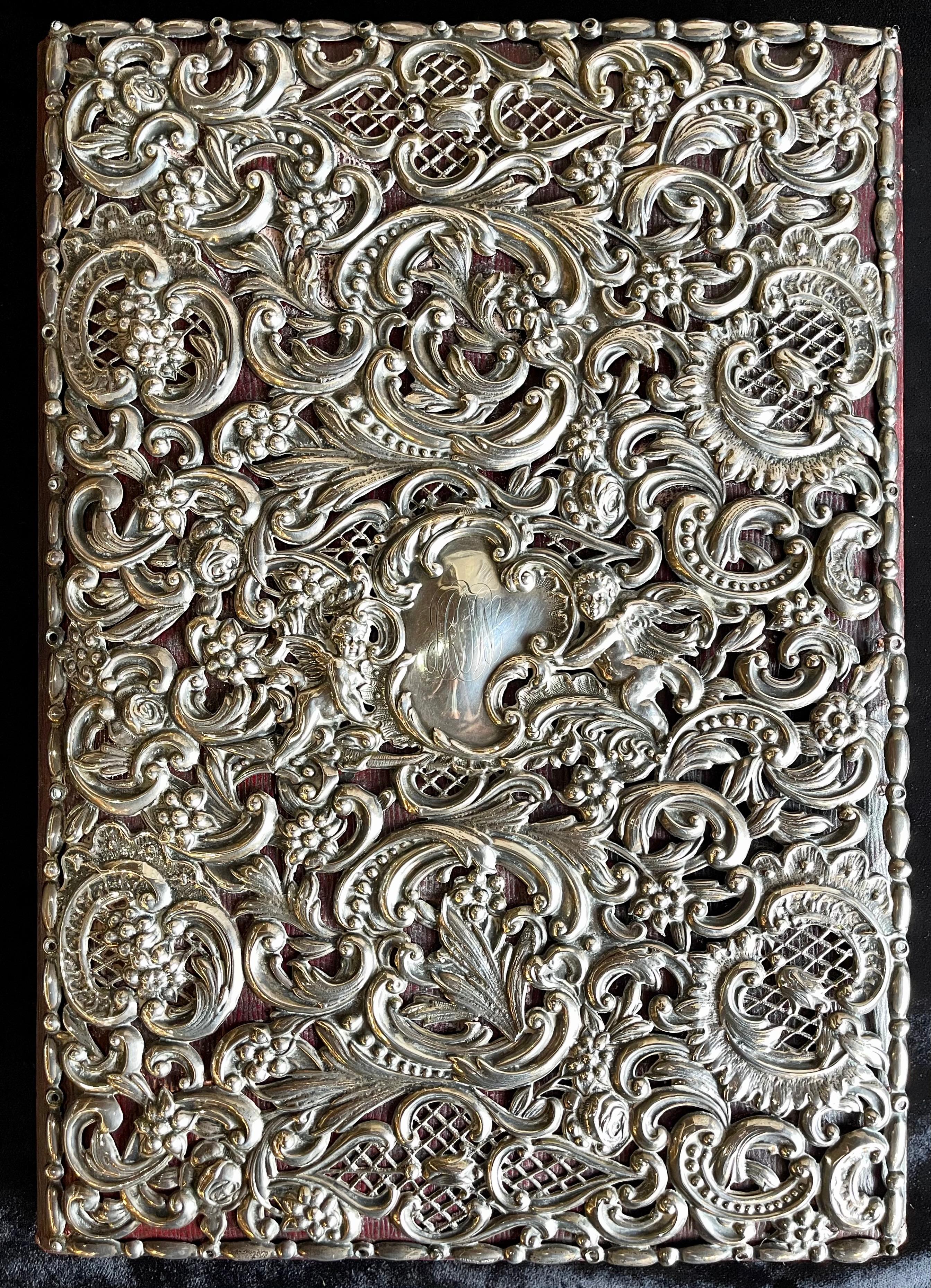 Early Victorian Ornate Sterling Silver Book Cover Photo Scrap Album w Red Leather Interior