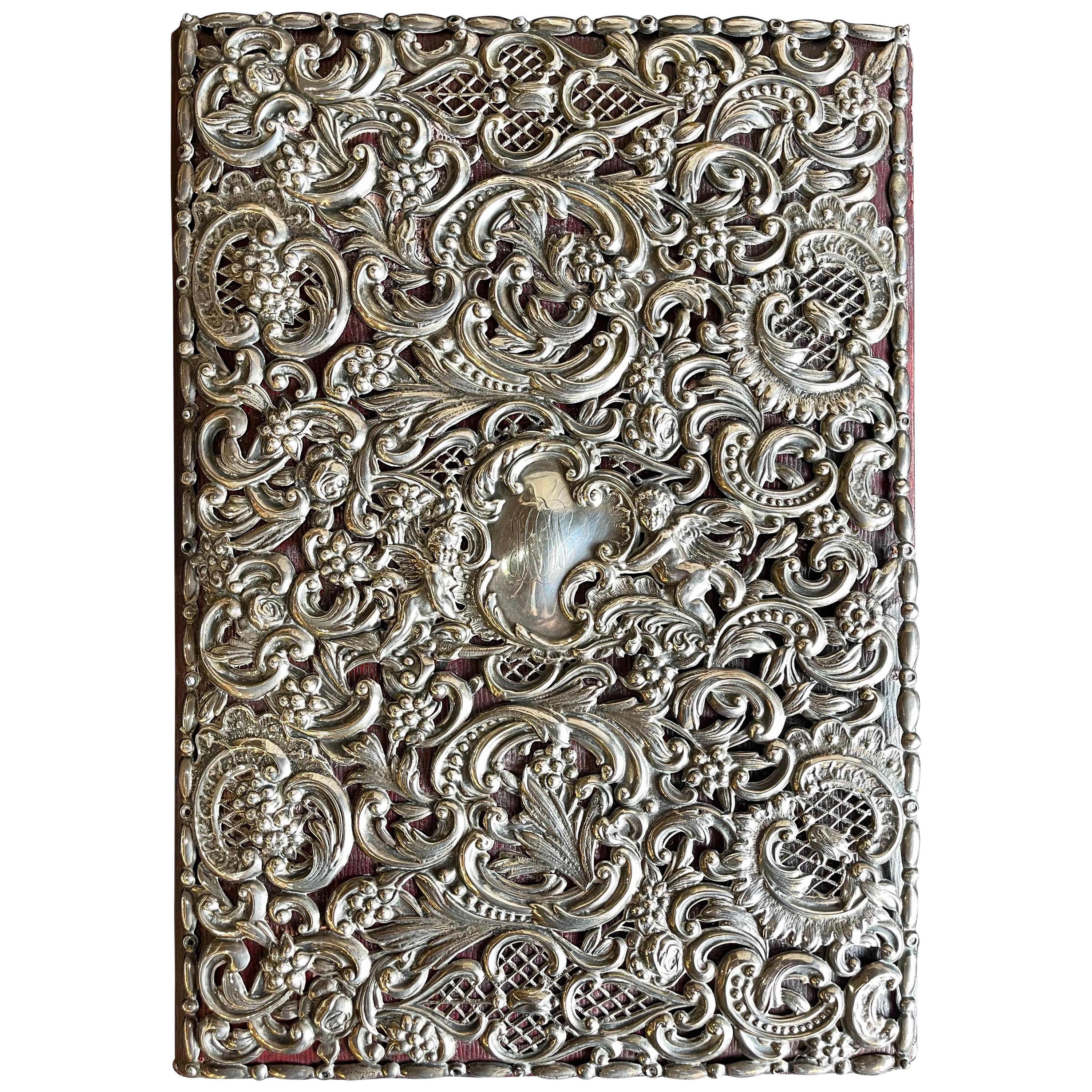 Ornate Sterling Silver Book Cover Photo Scrap Album w Red Leather Interior