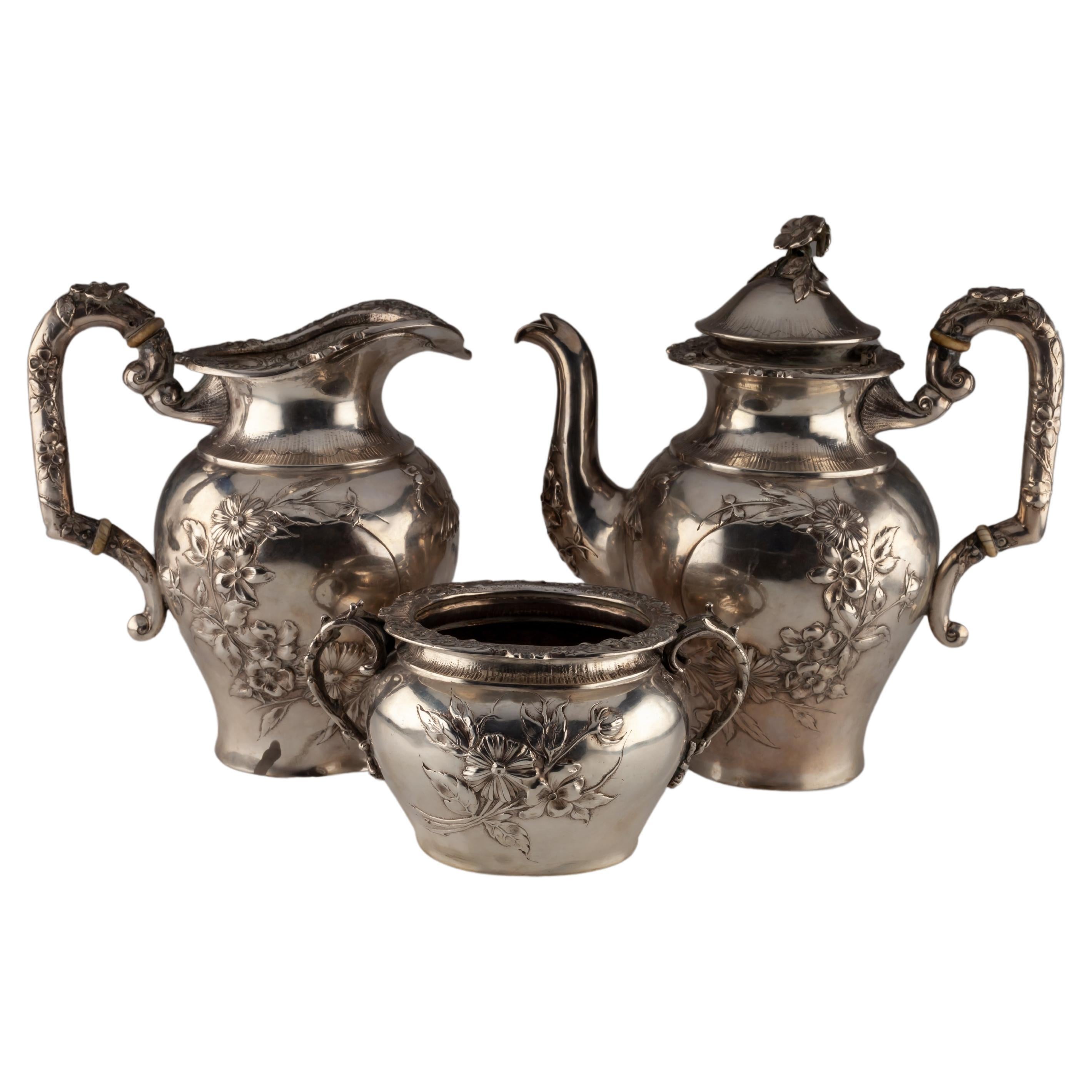Ornate Sterling Silver British Tea/Coffee Set 1930s Hand-Chased For Sale