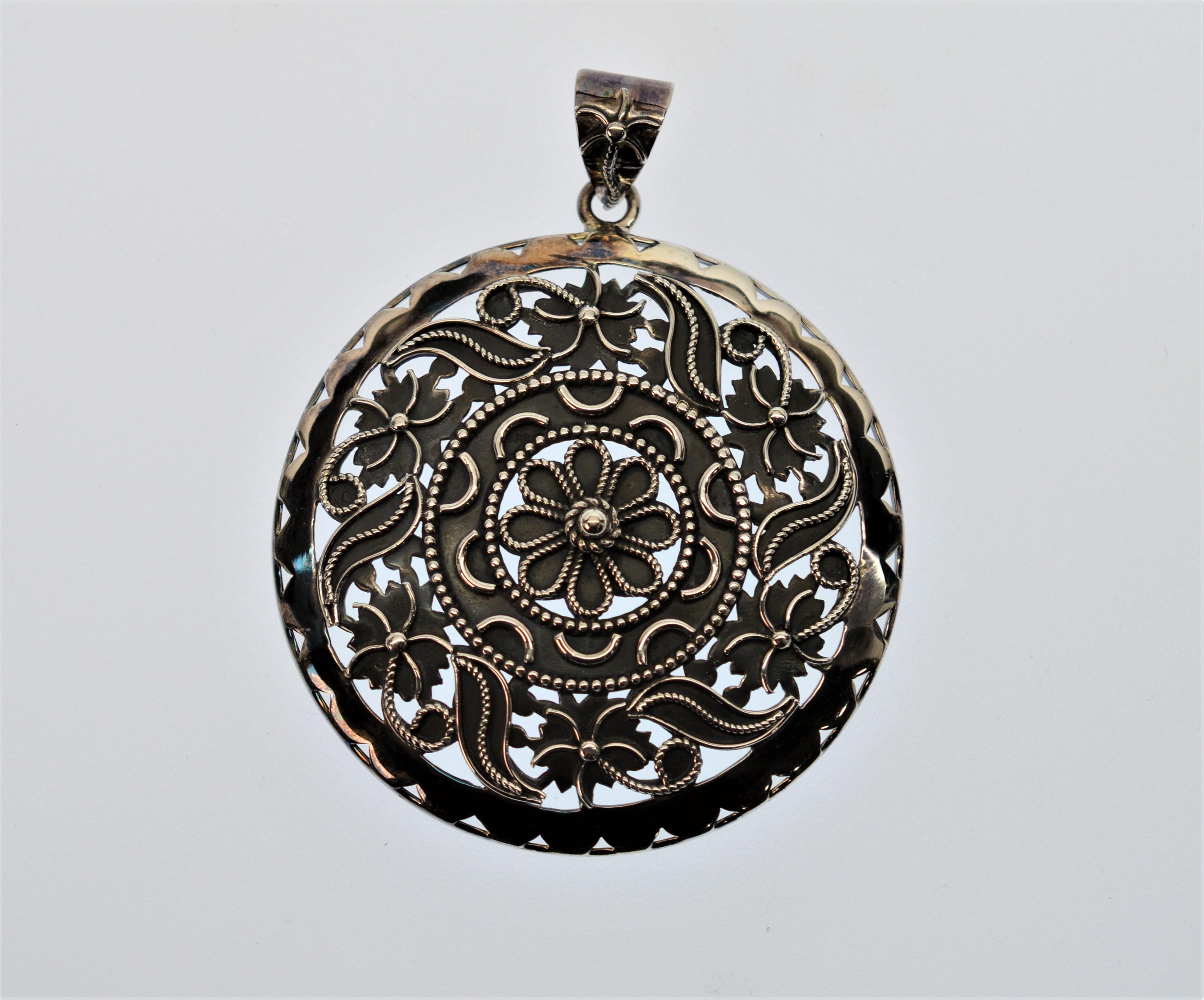 Artisan Ornate Sterling Silver Medallion Pendant For Sale