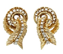 Ornate Textured Swirl Motif Diamond Drop Earrings in 18 Karat Yellow Gold