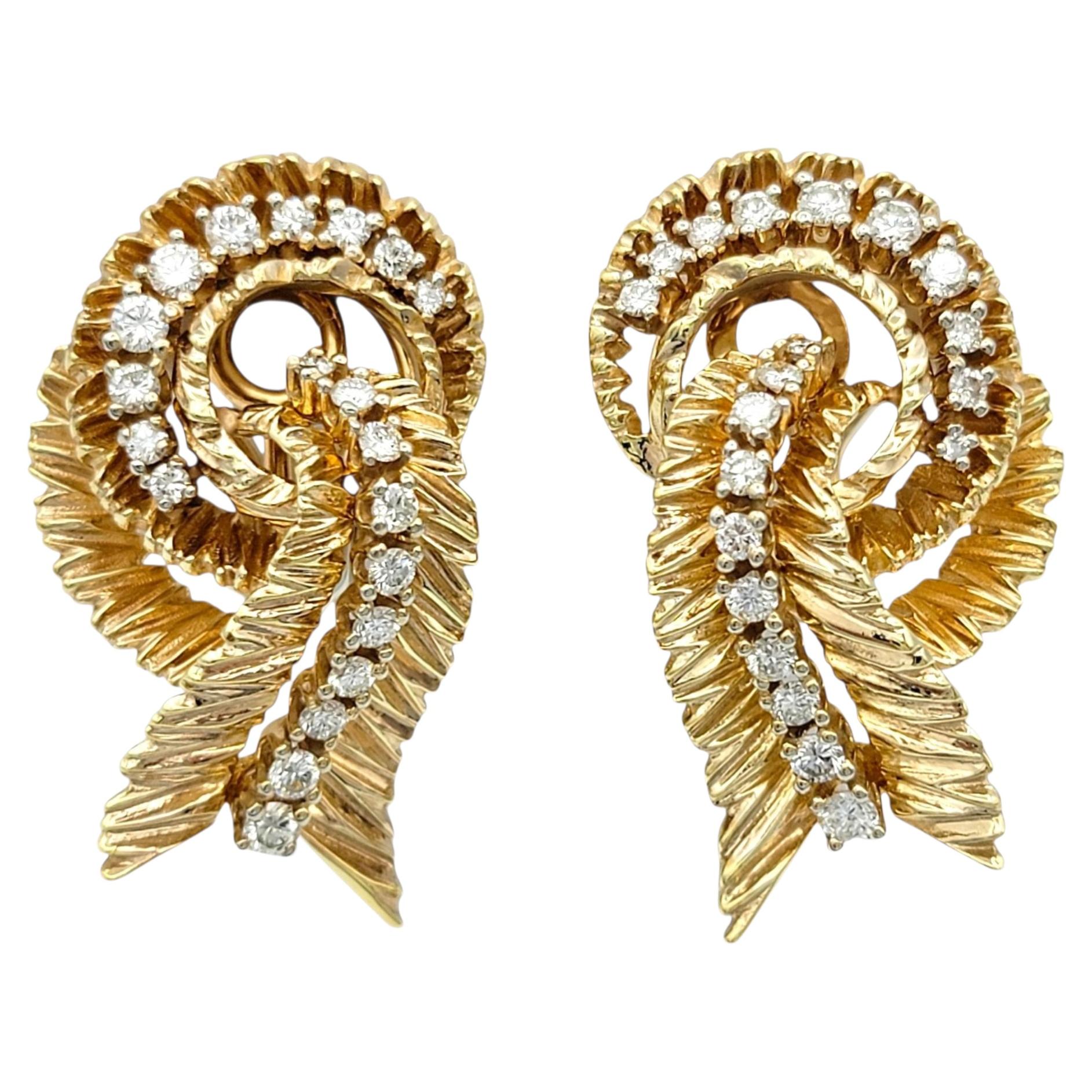 Ornate Textured Swirl Motif Diamond Drop Earrings in 18 Karat Yellow Gold