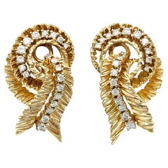 Ornate Textured Swirl Motif Diamond Drop Earrings in 18 Karat Yellow Gold