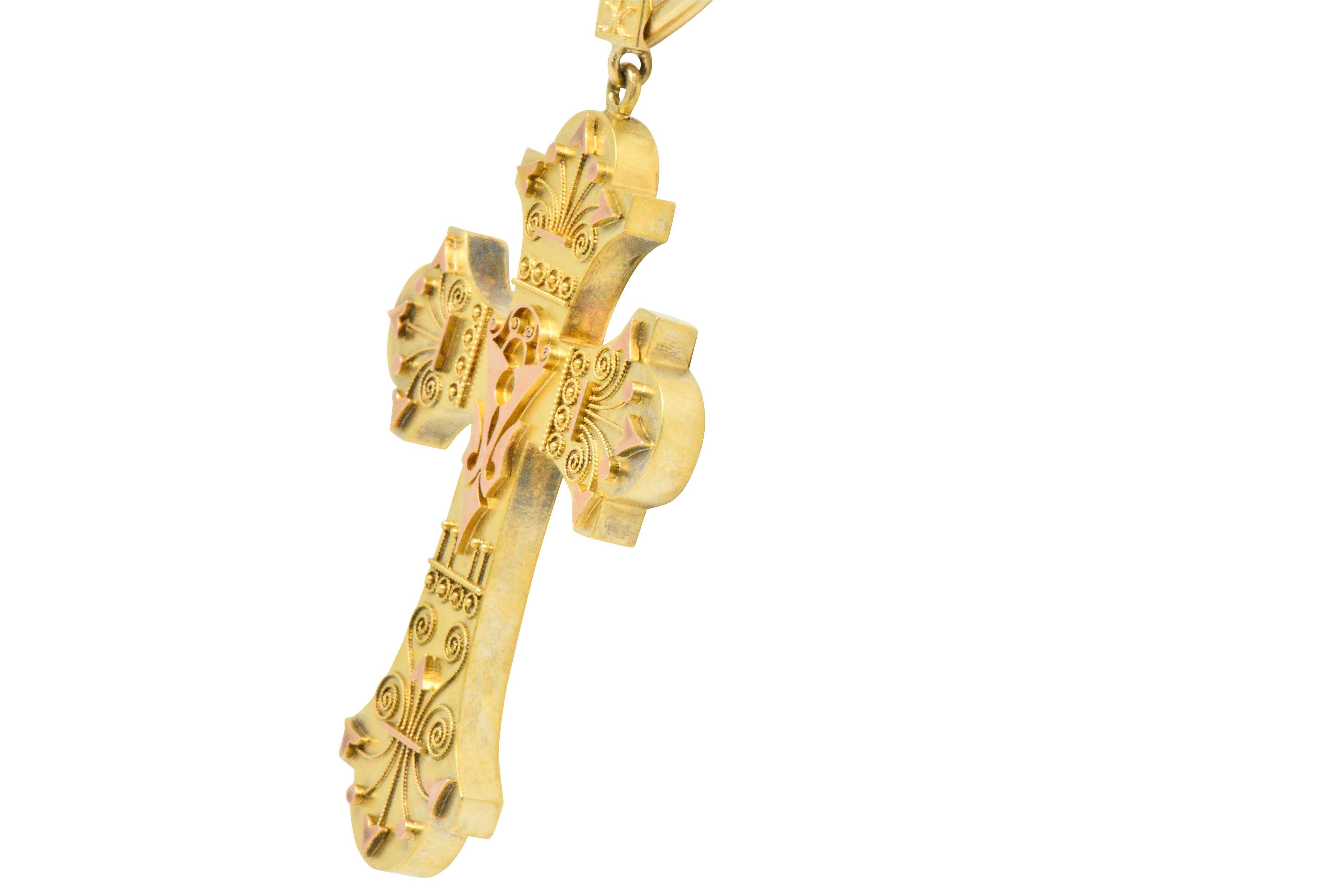 Ornate Victorian 14 Karat Rose Gold Yellow Gold Cross Necklace In Excellent Condition In Philadelphia, PA