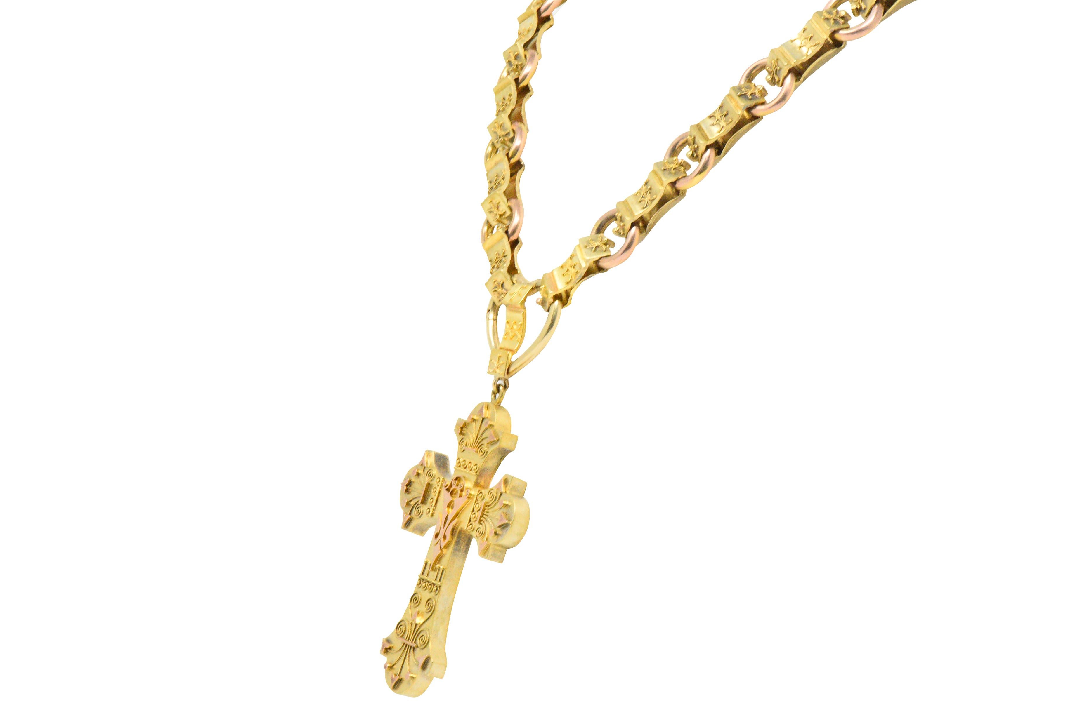 Women's or Men's Ornate Victorian 14 Karat Rose Gold Yellow Gold Cross Necklace
