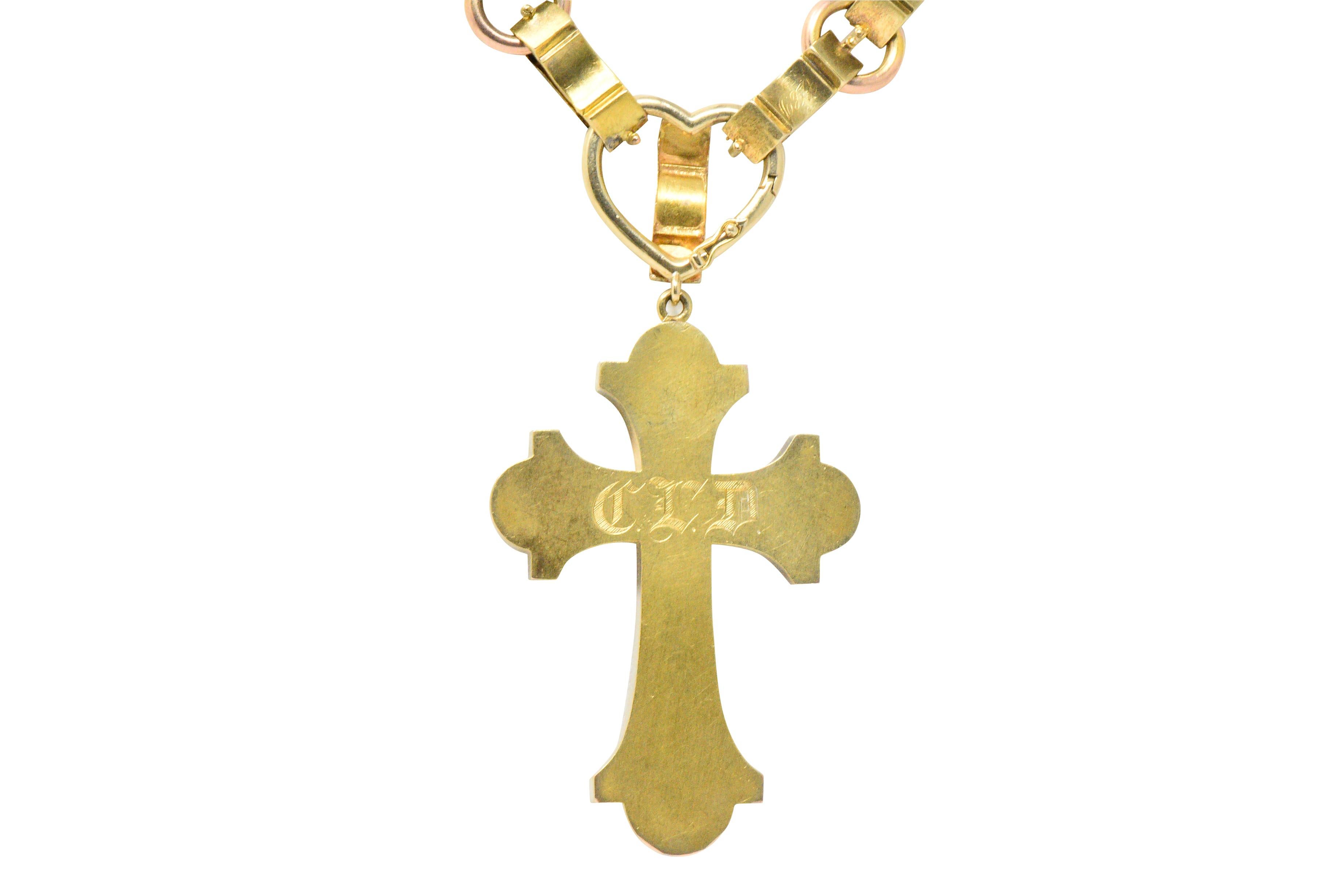 Ornate Victorian 14 Karat Rose Gold Yellow Gold Cross Necklace 3