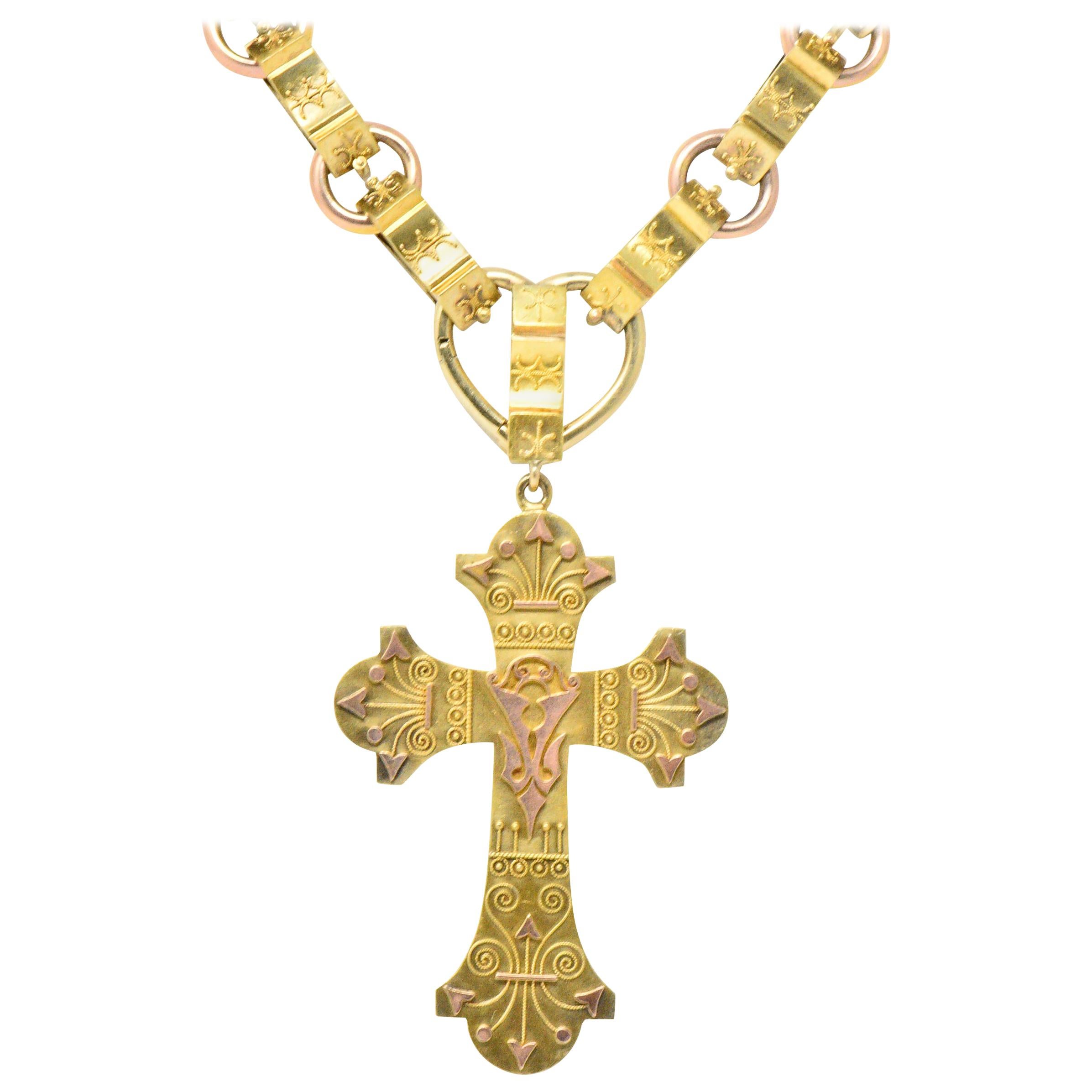Ornate Victorian 14 Karat Rose Gold Yellow Gold Cross Necklace