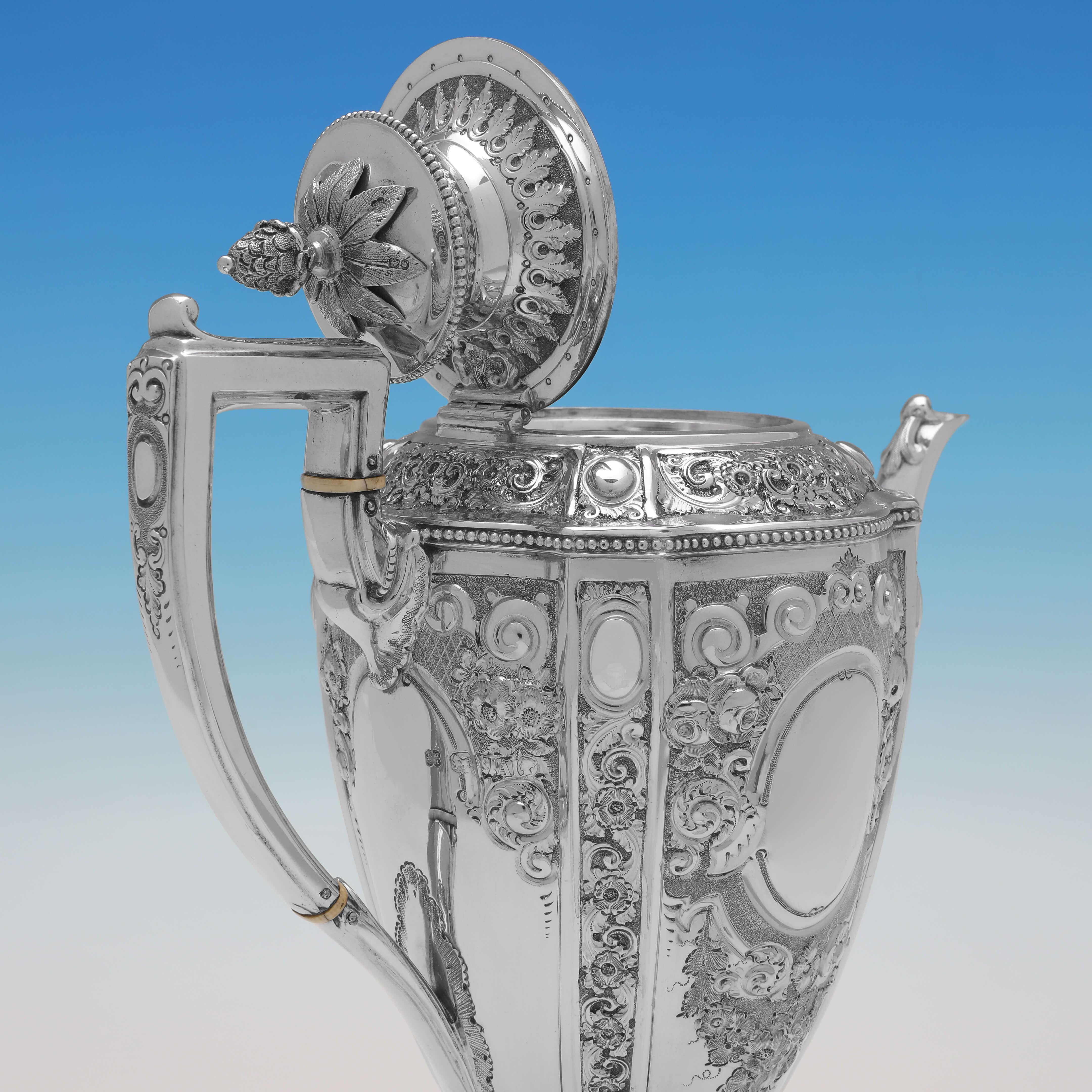 Late 19th Century Ornate Victorian Antique Sterling Silver 4 Piece Tea Set, London, 1876 For Sale