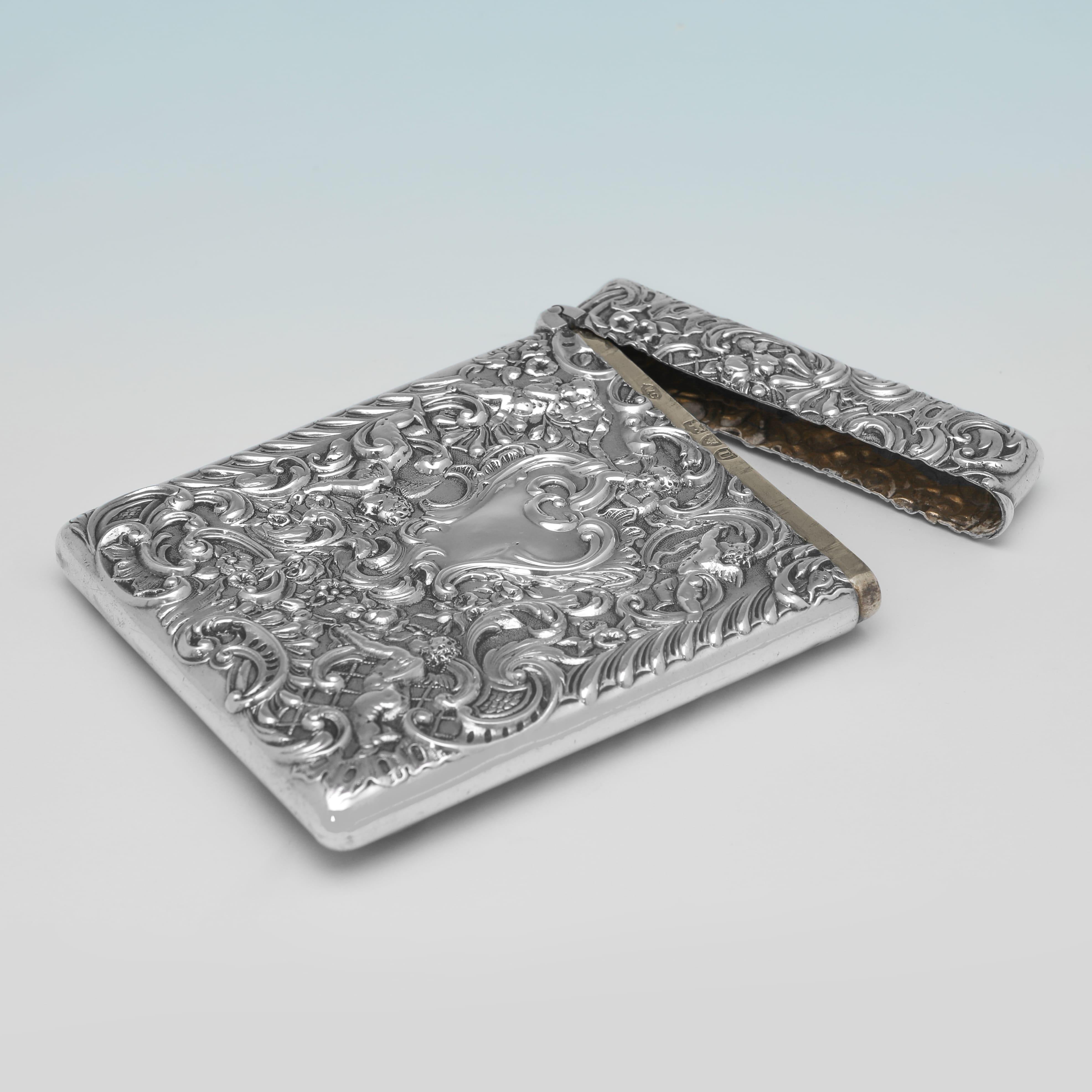English Ornate Victorian antique sterling silver calling card case made in 1895 For Sale