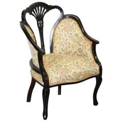 Ornate Victorian Carved Mahogany Floral Upholstered Armchair Part of Large Suite