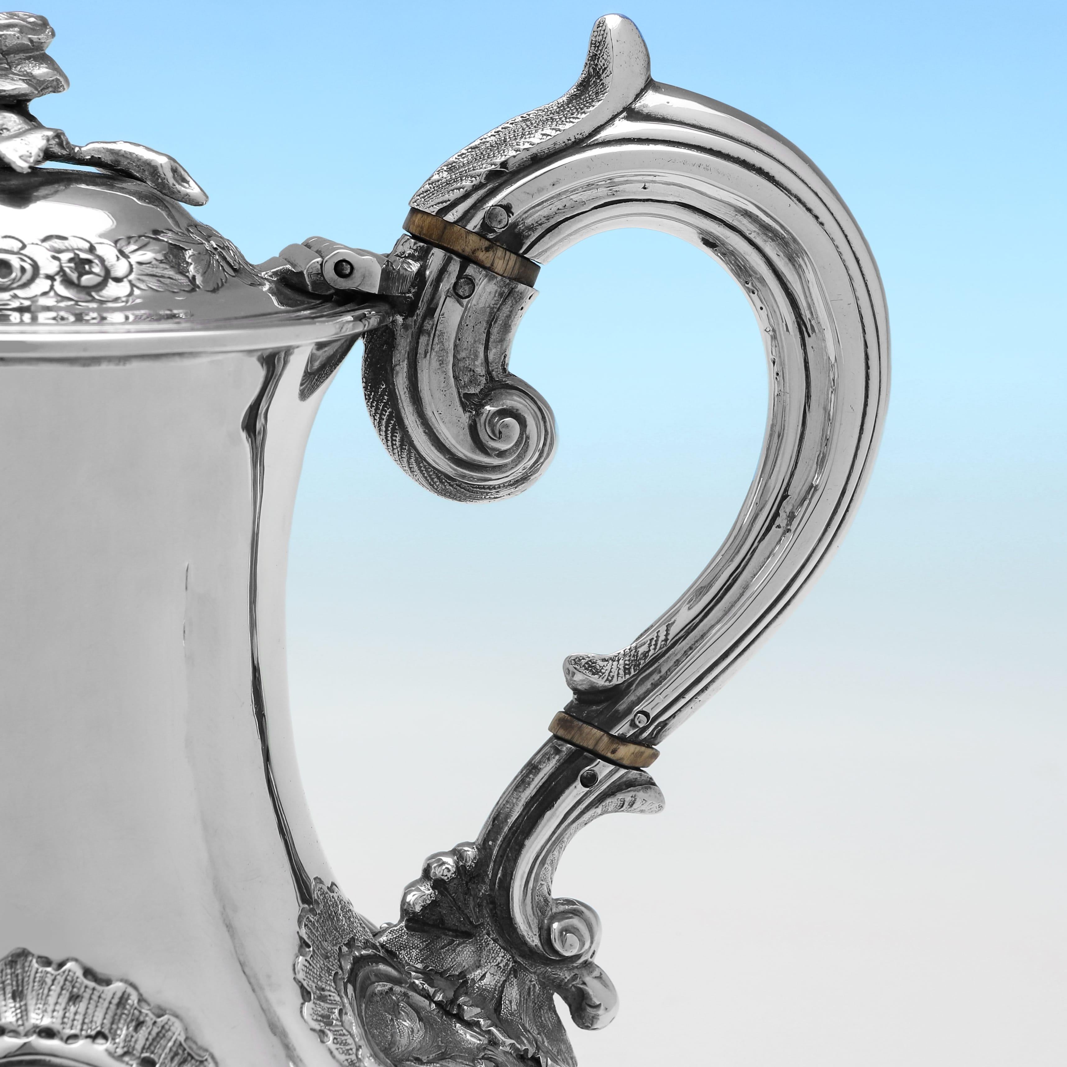 Mid-19th Century Ornate Victorian Irish sterling silver coffee pot made in Dublin in 1855 For Sale