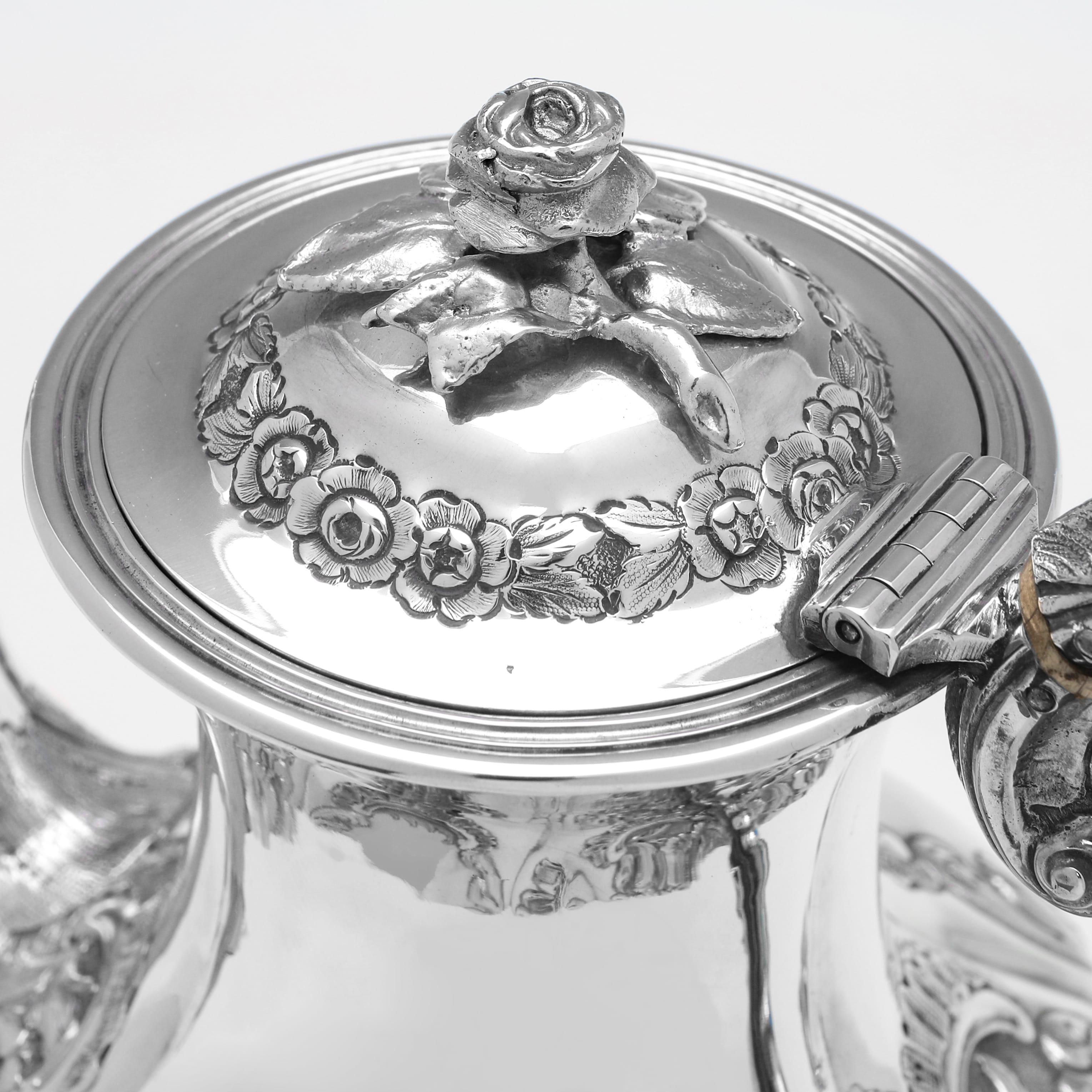 Sterling Silver Ornate Victorian Irish sterling silver coffee pot made in Dublin in 1855 For Sale