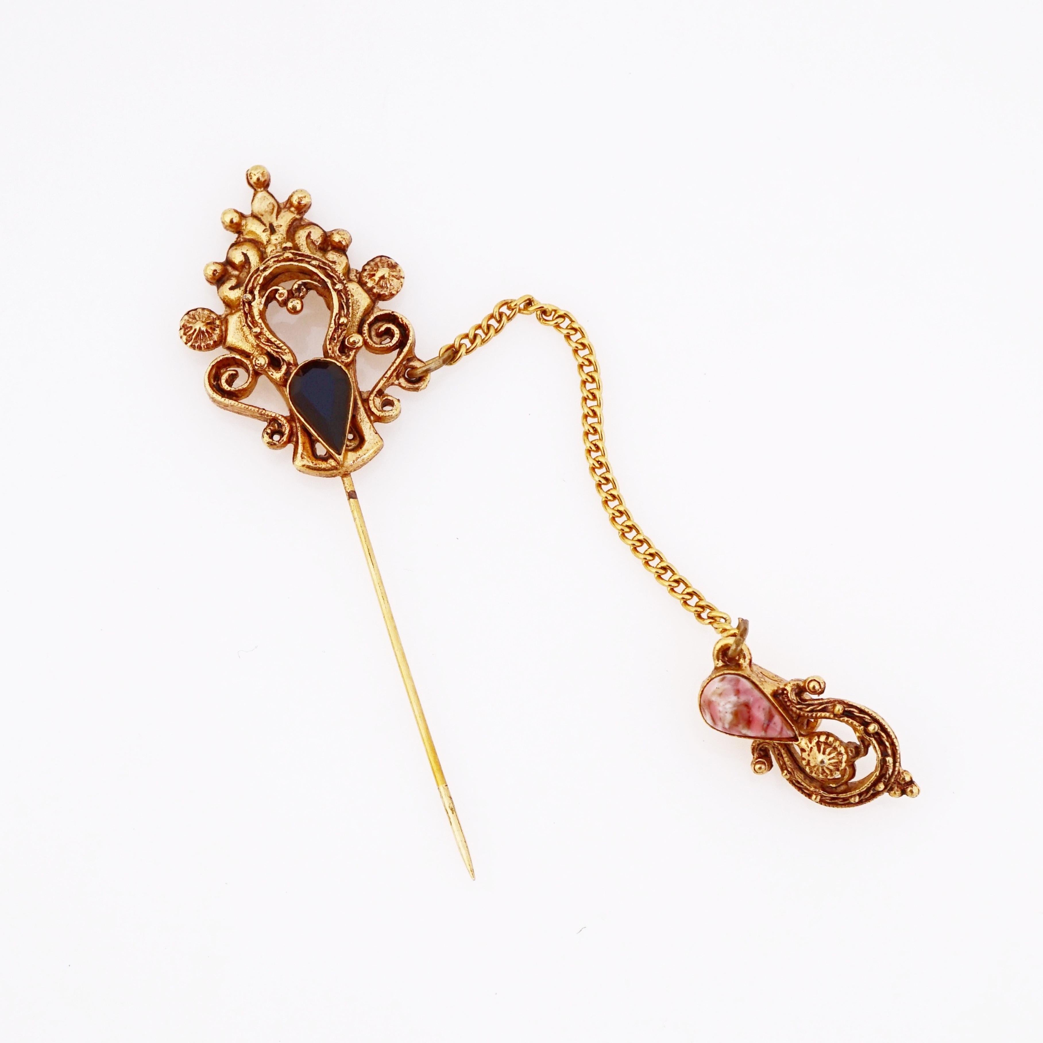 Modern Ornate Victorian Revival Gemstone Stick Pin By Florenza, 1960s