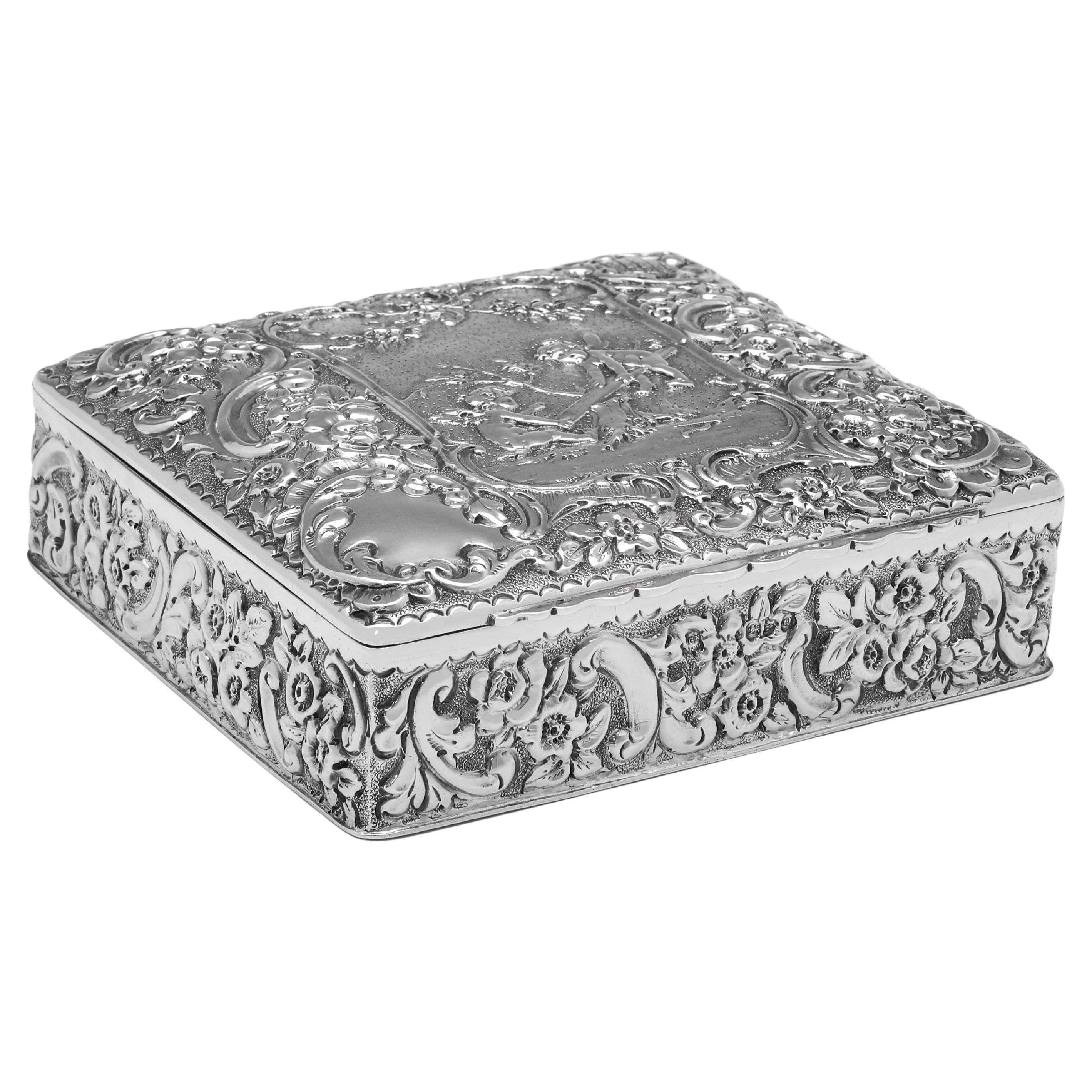 Ornate Victorian sterling silver dressing table box made in 1899
